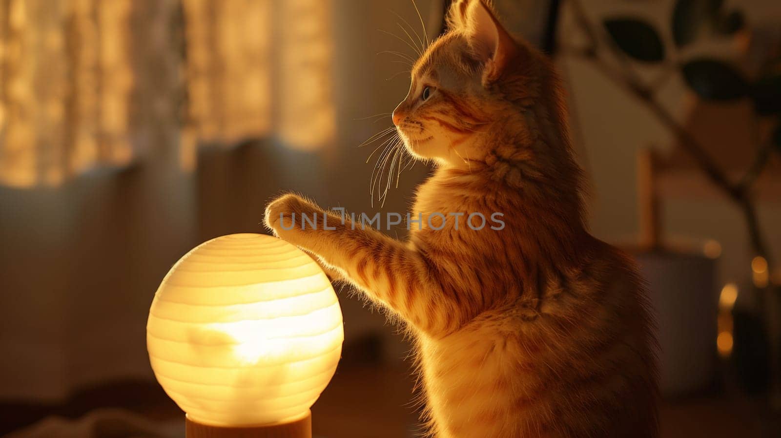 A cat standing on a table with its paw up next to an illuminated lamp