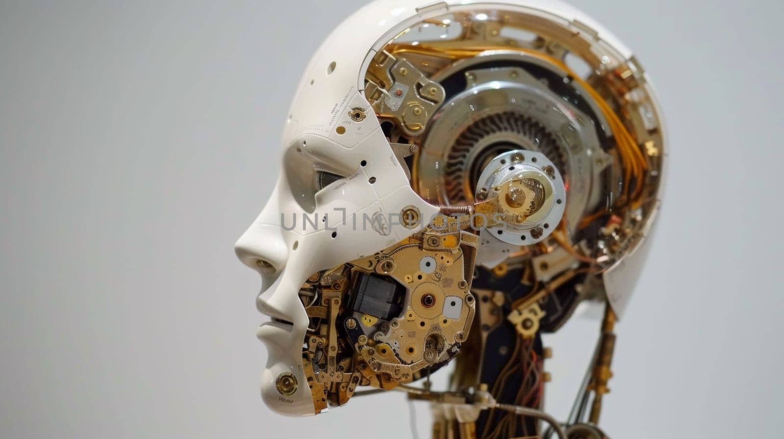 A close up of a robot head with gears and wires