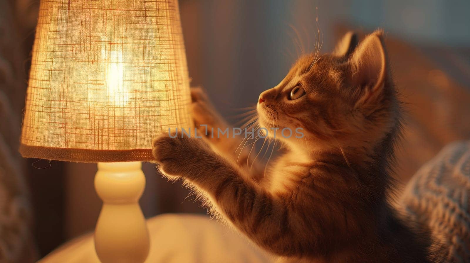 A kitten is playing with a lamp shade on the bed