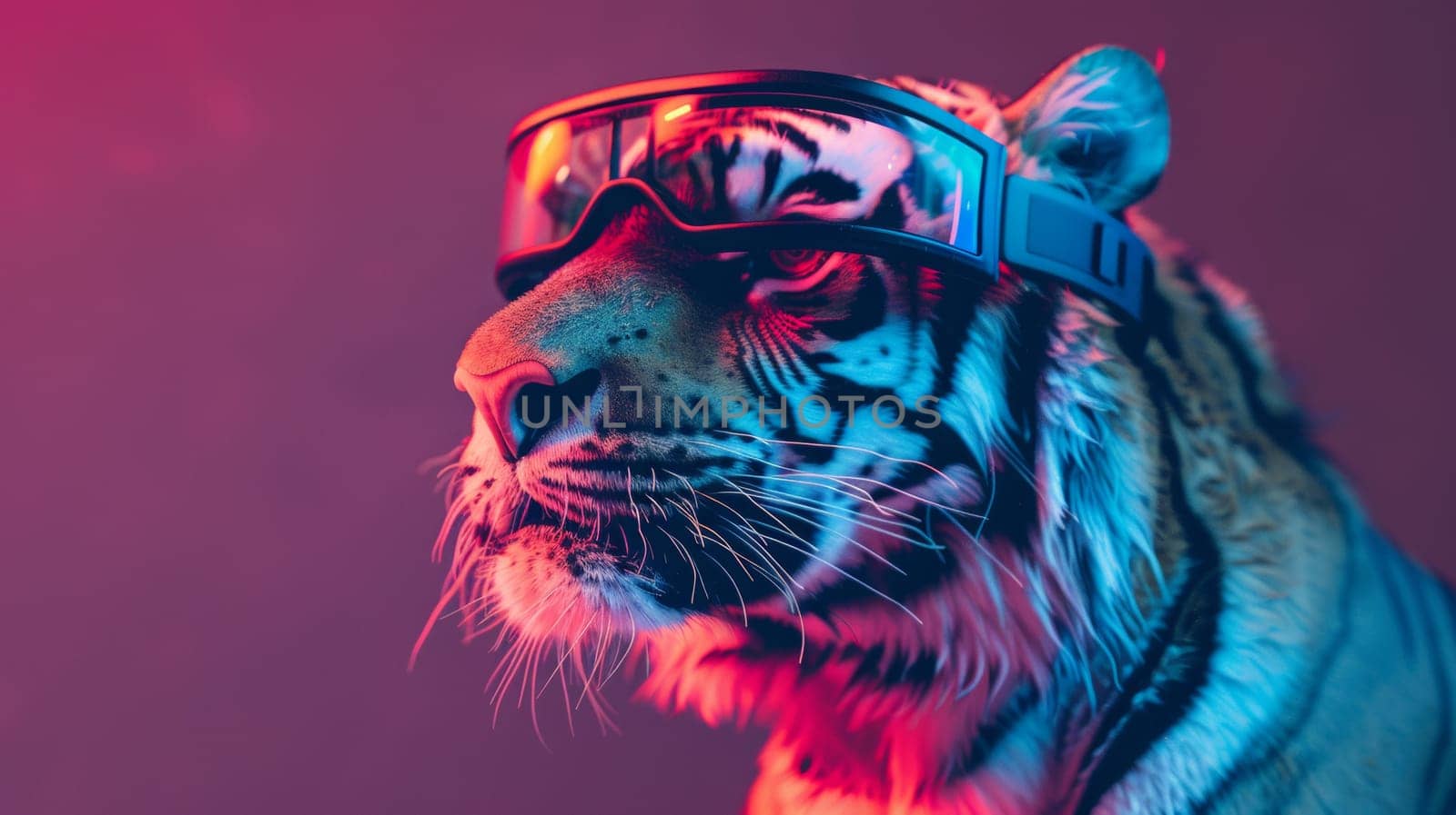 A tiger wearing goggles and a red shirt with sunglasses