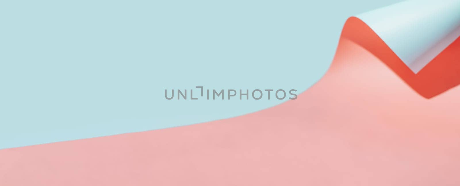 Pink and blue curved paper pastel background with shadows. Long horizontal banner. Copy space for text or empty place for design.