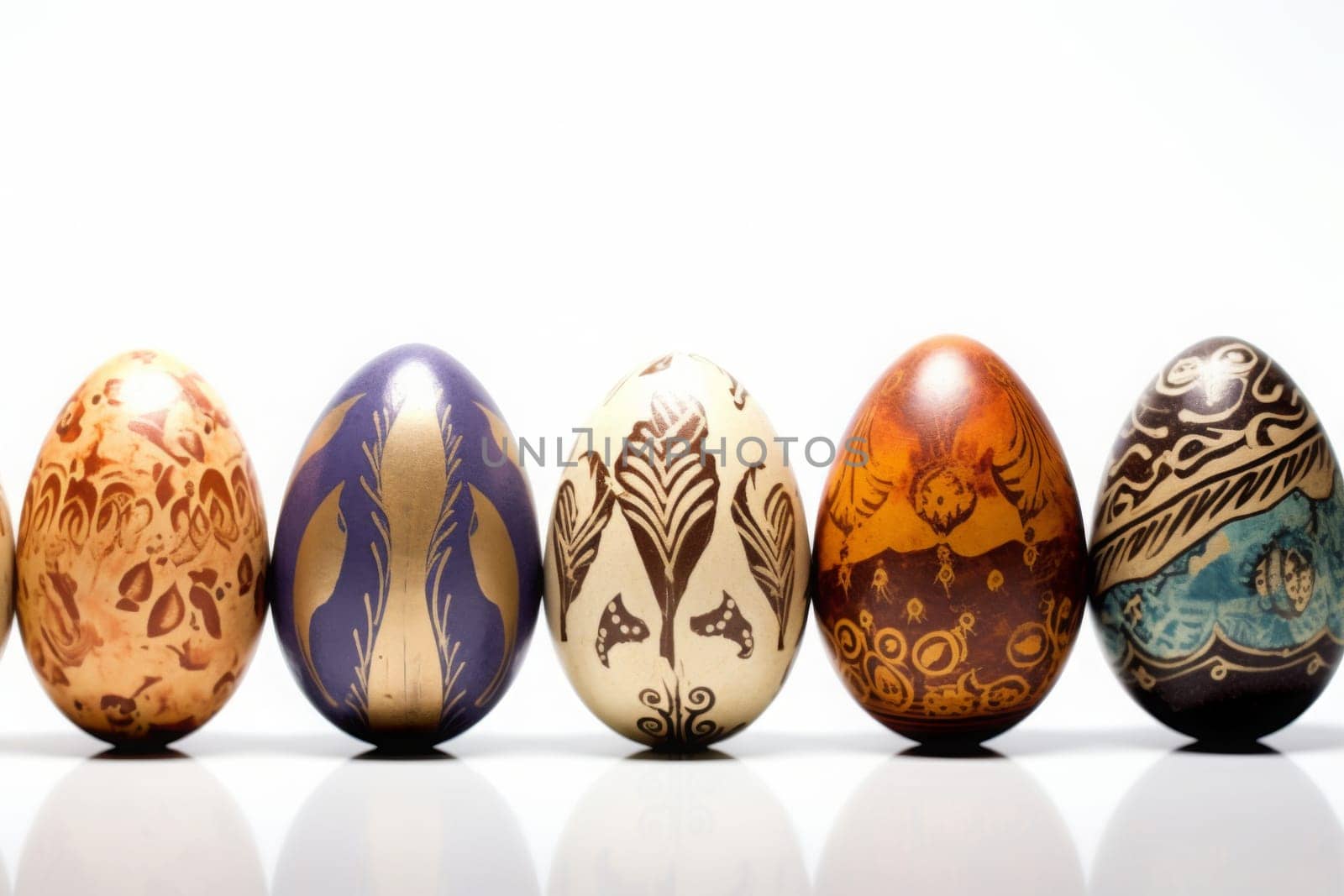 Colorful five eggs on white background. Generated AI by Oxdesign