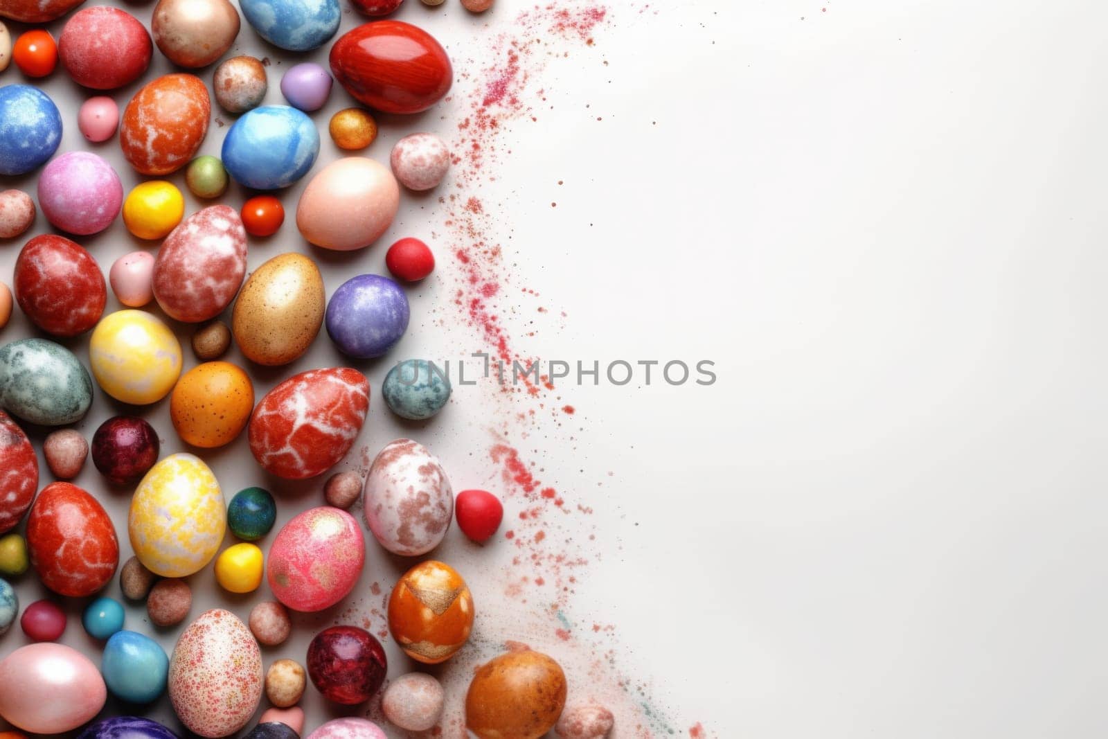 Eggs painted in different colors on a white background. Empty space for text. Generated AI by Oxdesign
