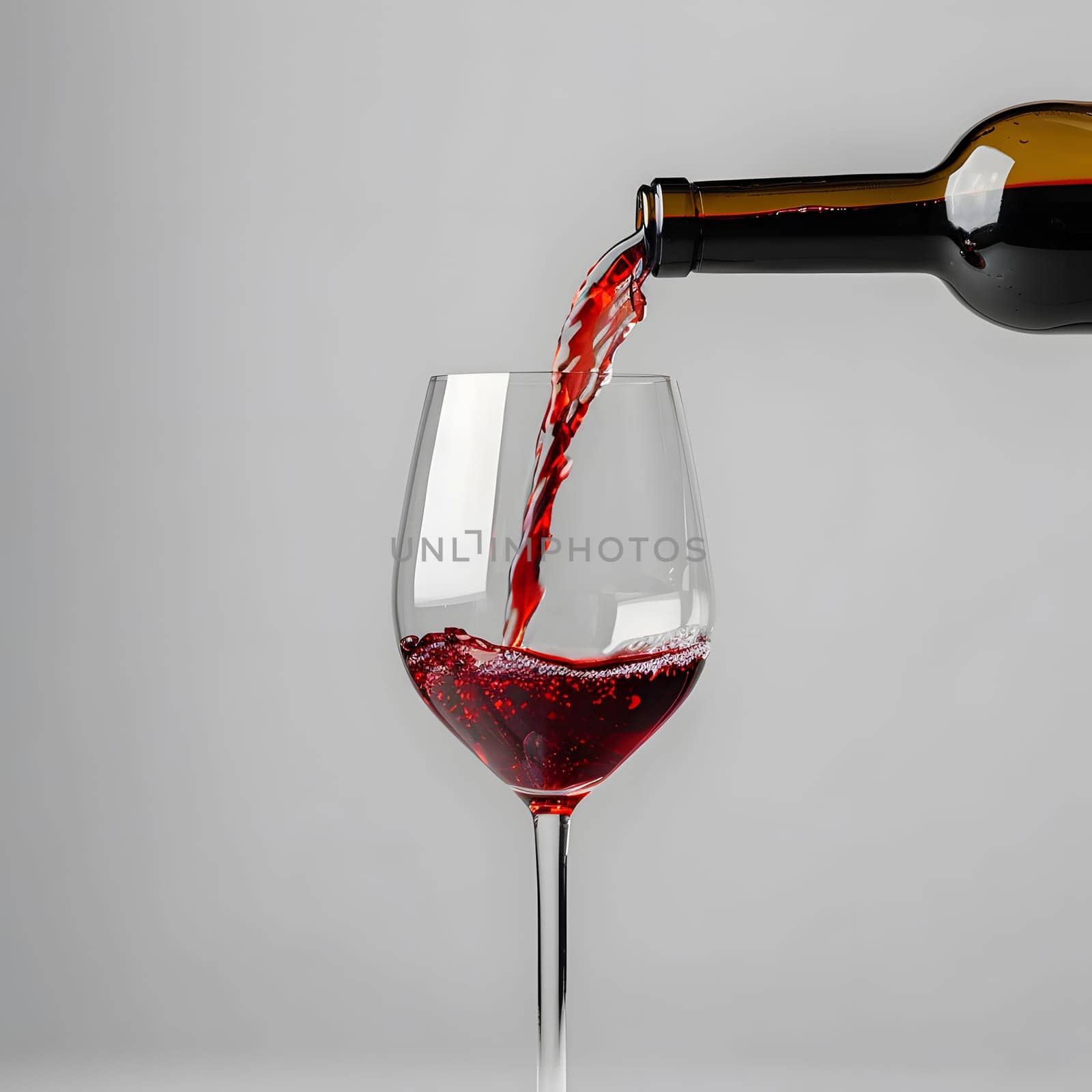 Red wine being gracefully poured from a bottle into a stemmed wine glass, creating a smooth flow of the rich, aromatic liquid into the elegant drinkware