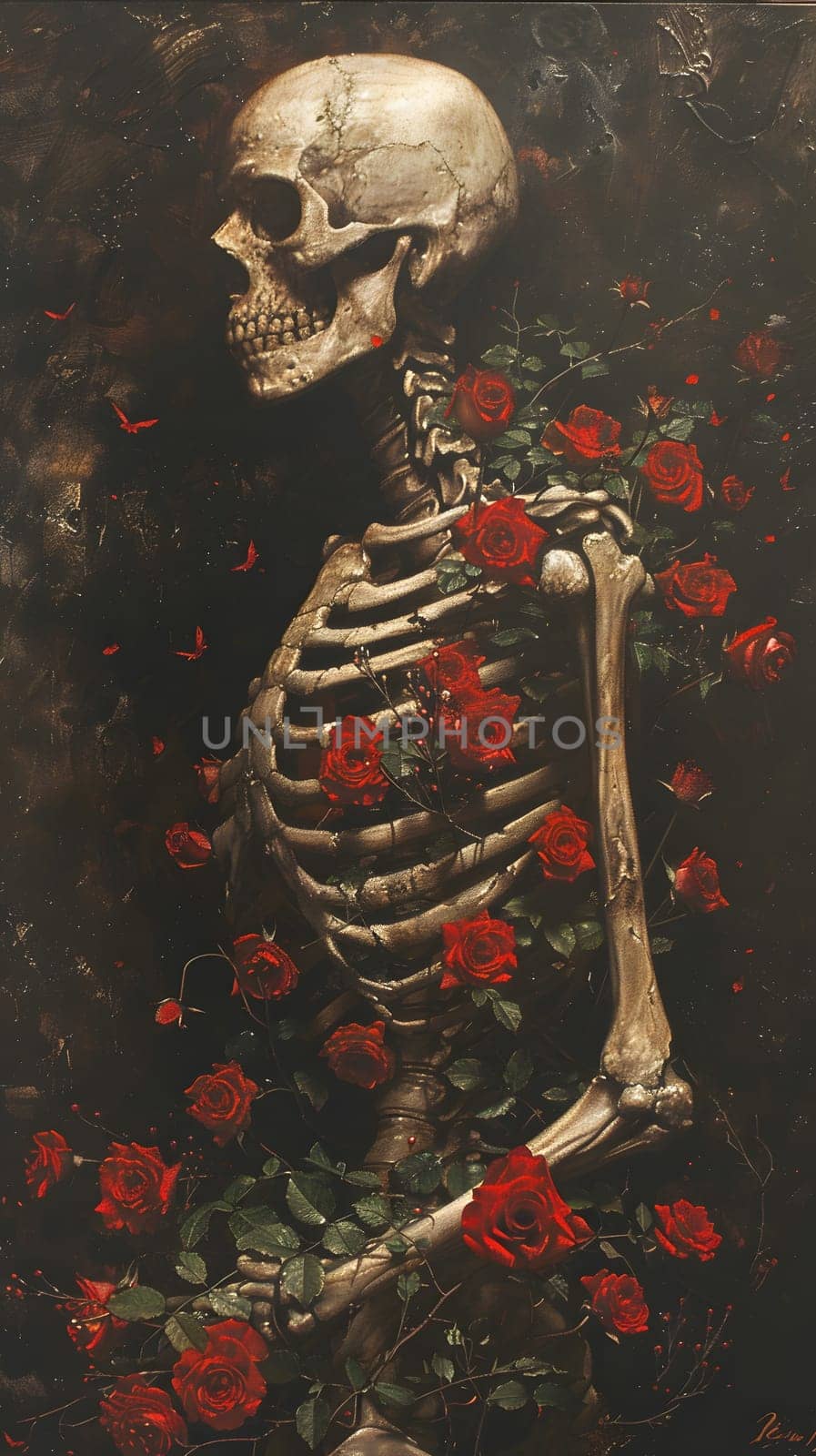 In a mesmerizing painting, a skeleton is encircled by vibrant red roses, creating a striking contrast of life and death in a symbolic representation of mortality and beauty