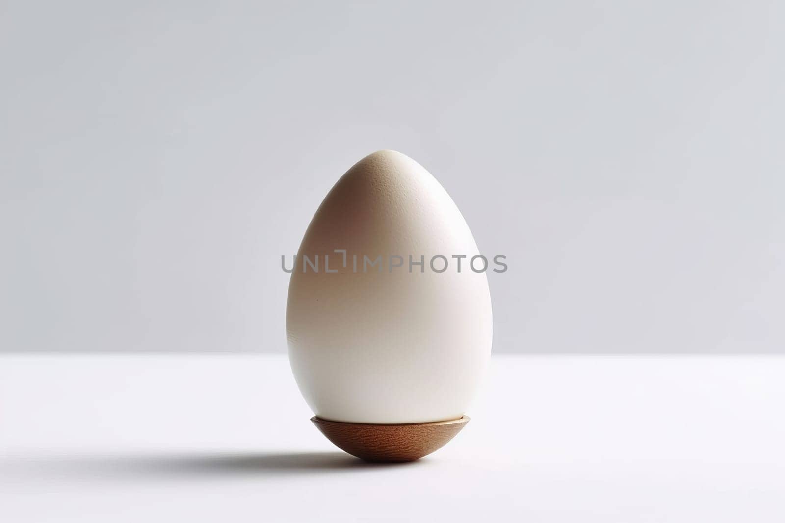 White egg on white background in center. Design, visual art, minimalism. Generated AI.