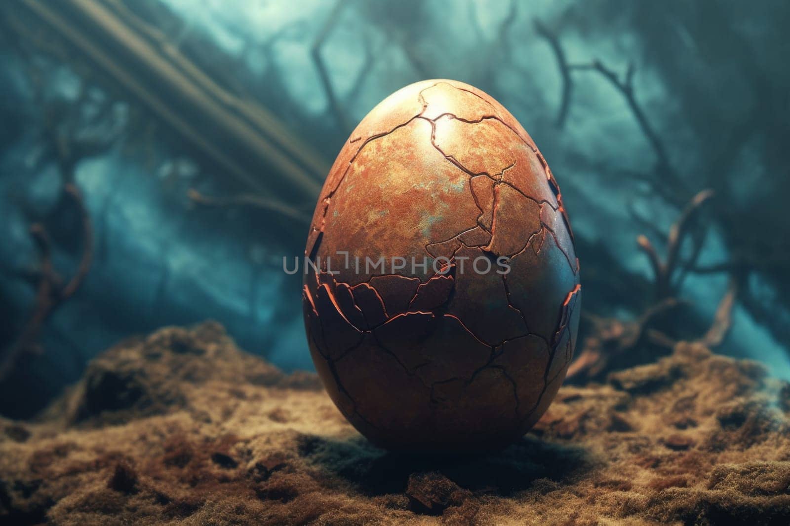 Ancient fossil stone egg with cracks in nature. Generated AI.