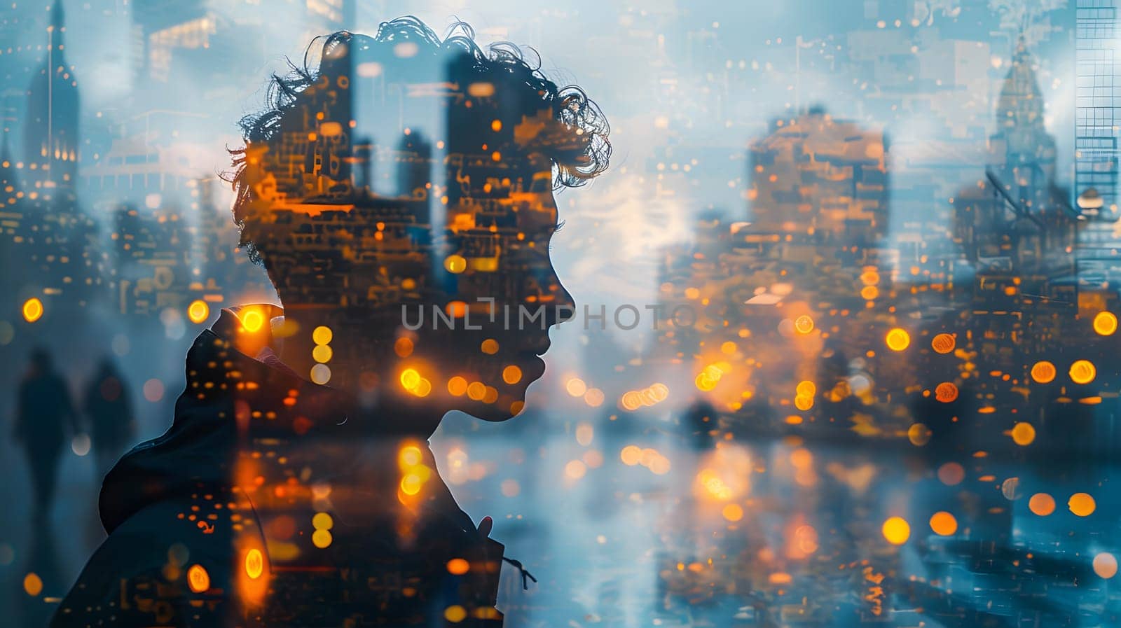 A unique double exposure of a man against a city skyline with water, clouds, heat, gas, and towering blocks, creating a world of flames and geological phenomena in the urban setting