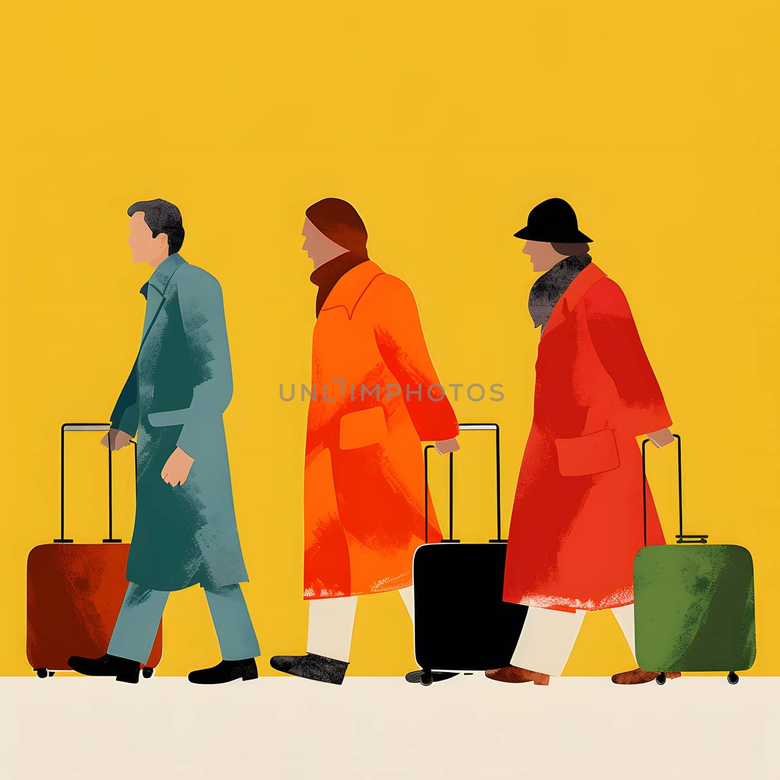 Three figures walking with suitcases on a vibrant yellow canvas by Nadtochiy