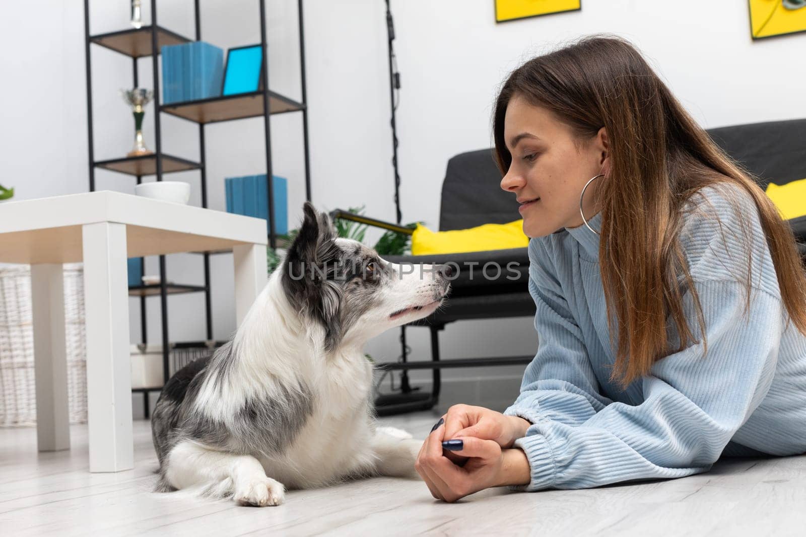 Faithful friends, dog and human, look each other in the eye while lying on the floor of the house. Purebred Border Collie dog in shades of white and black, and long and fine hair. Living room in a modern styling.