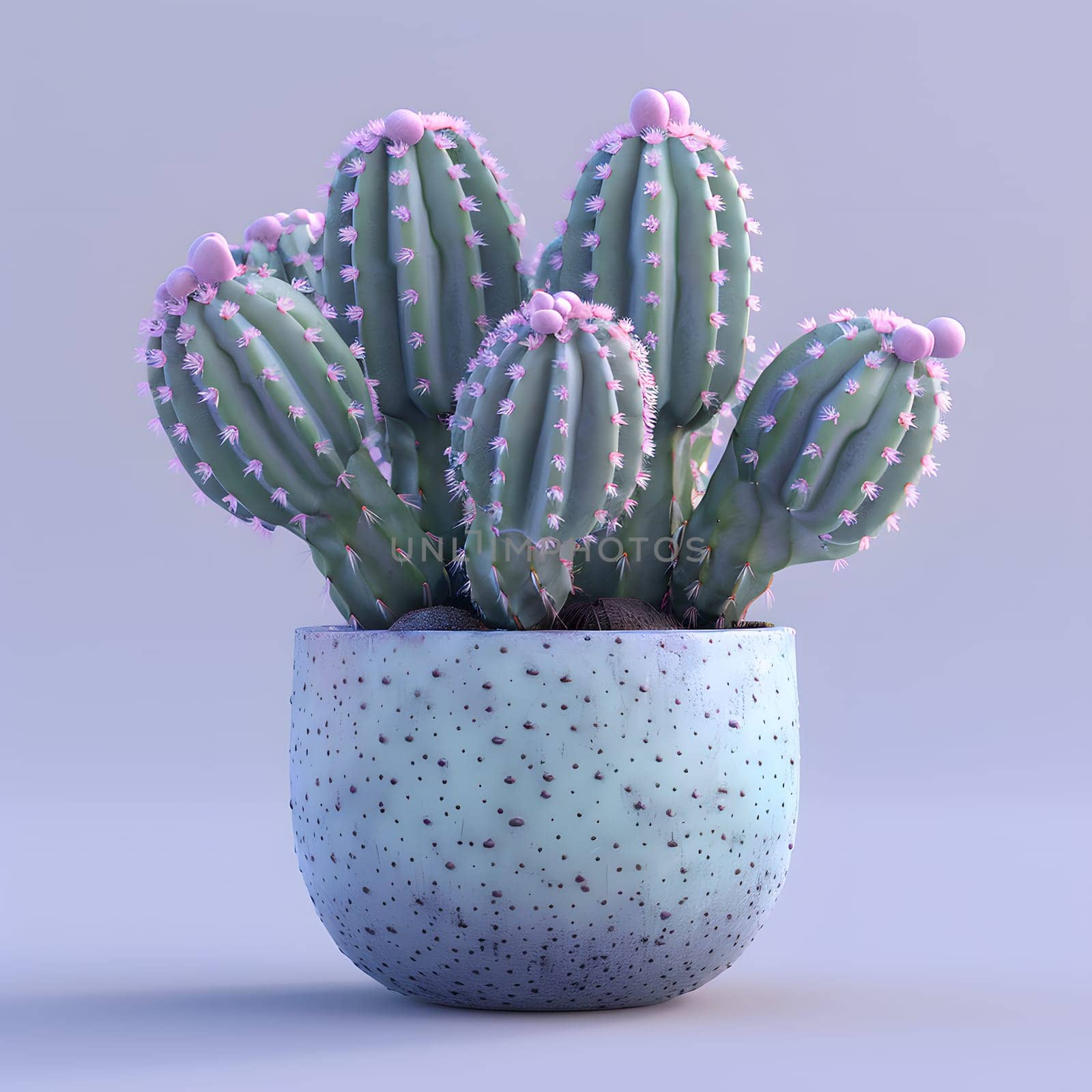 An electric blue flowerpot houses a terrestrial plant with pink flowers, resembling a cactus. This houseplant adds a pop of color to any landscape