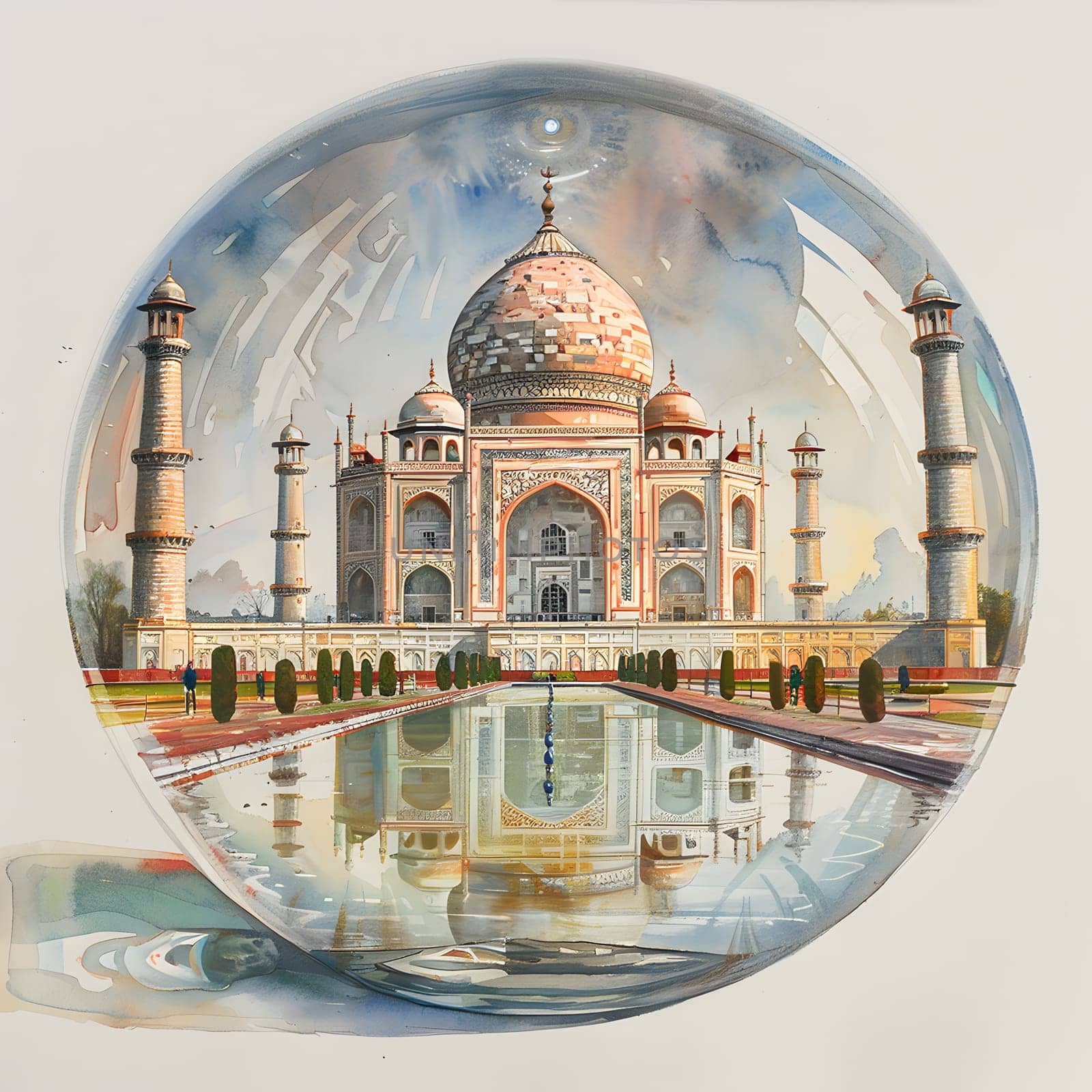 A mesmerizing painting of the Taj Mahal captured in a glass ball, showcasing the iconic buildings exquisite architecture and intricate facade