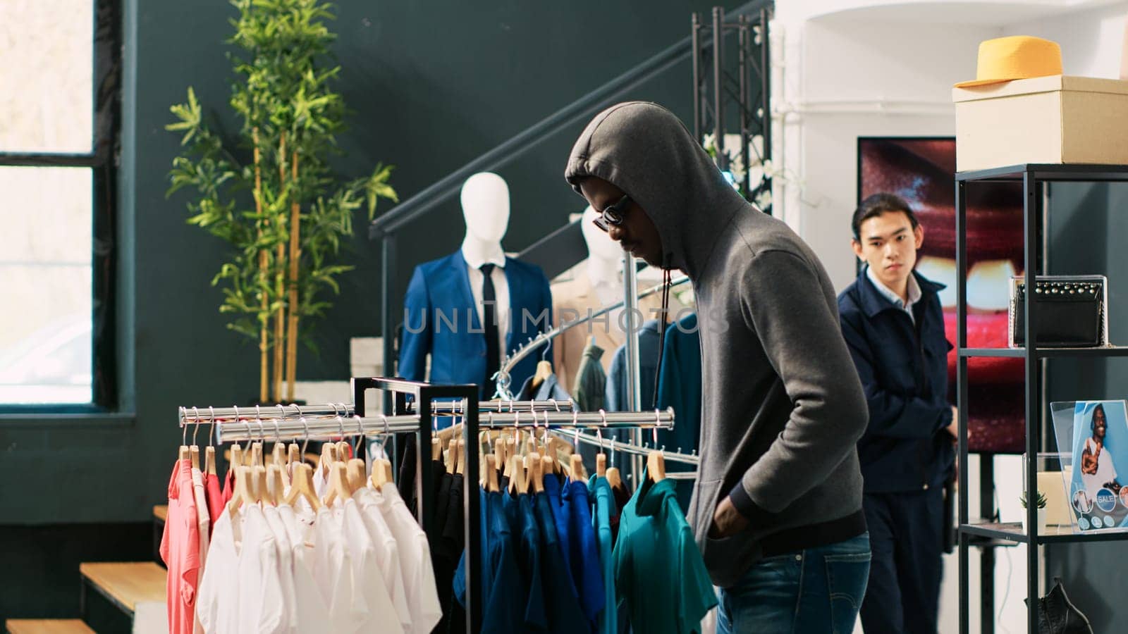 African american robber trying to steal stylish clothes, being threatened with security baton buy asian bodyguard in modern boutique. Thief wearing sunglasses and hood not to be recognized