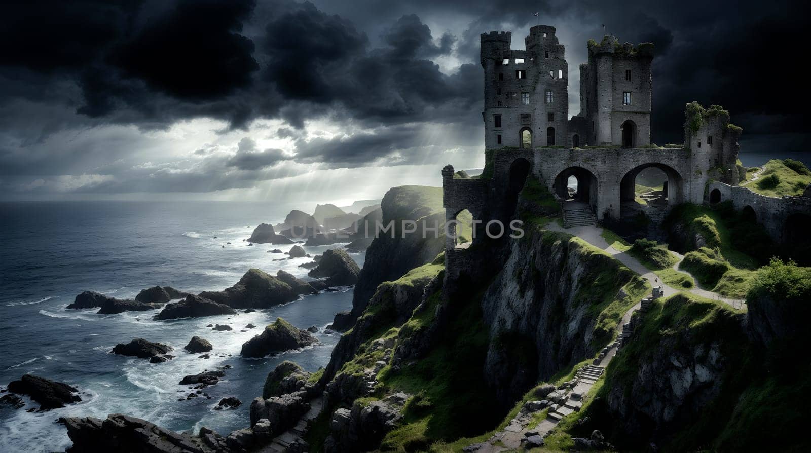 The remnants of an ancient castle stand majestically atop a sea cliff, as a brewing storm casts shadows over the rugged coastline - Generative AI