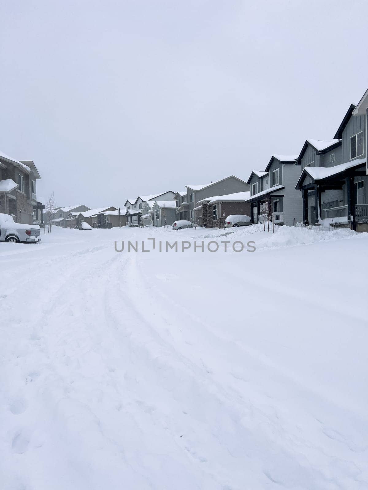 Castle Rock, Colorado, USA-March 16, 2024-The scene depicts a suburban tranquility with homes lining a street blanketed in snow, punctuated by a cleared path that weaves through the winter wonderland. The overcast sky promises more snow, creating a hushed atmosphere over the neighborhood.