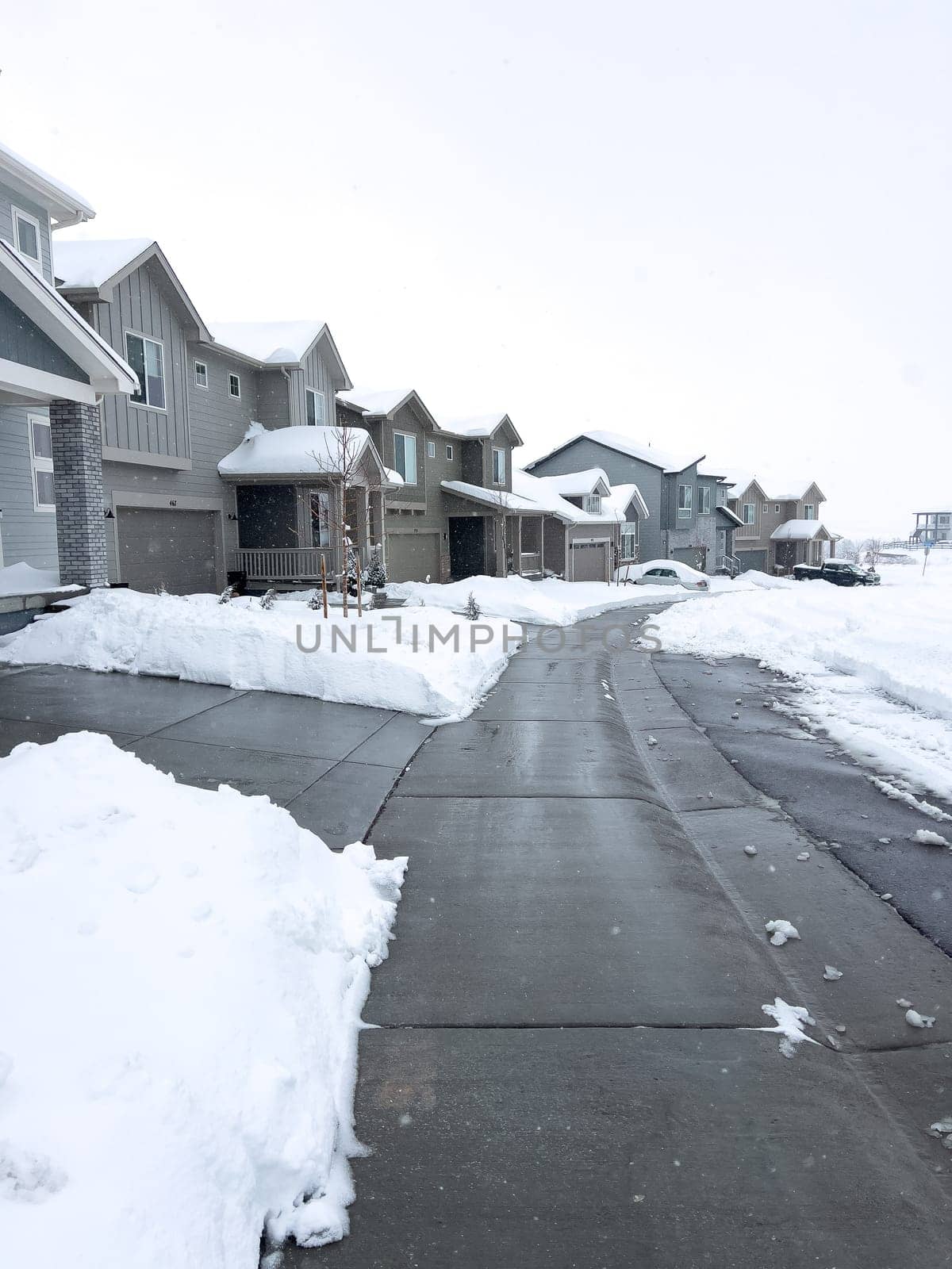 Castle Rock, Colorado, USA-March 16, 2024-Snow blankets a suburban street, where houses stand in quiet repose and driveways reveal the morning labor against the winter relentless drifts.