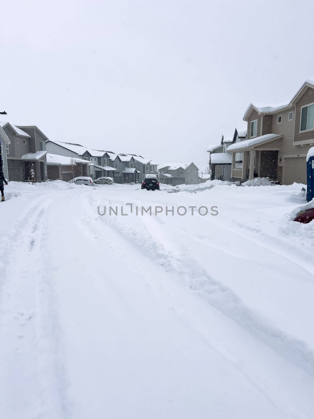 Castle Rock, Colorado, USA-March 16, 2024-Fresh snowfall gently covers a new suburban neighborhood under construction, where the emerging structures await completion, nestled in a wintery setting.