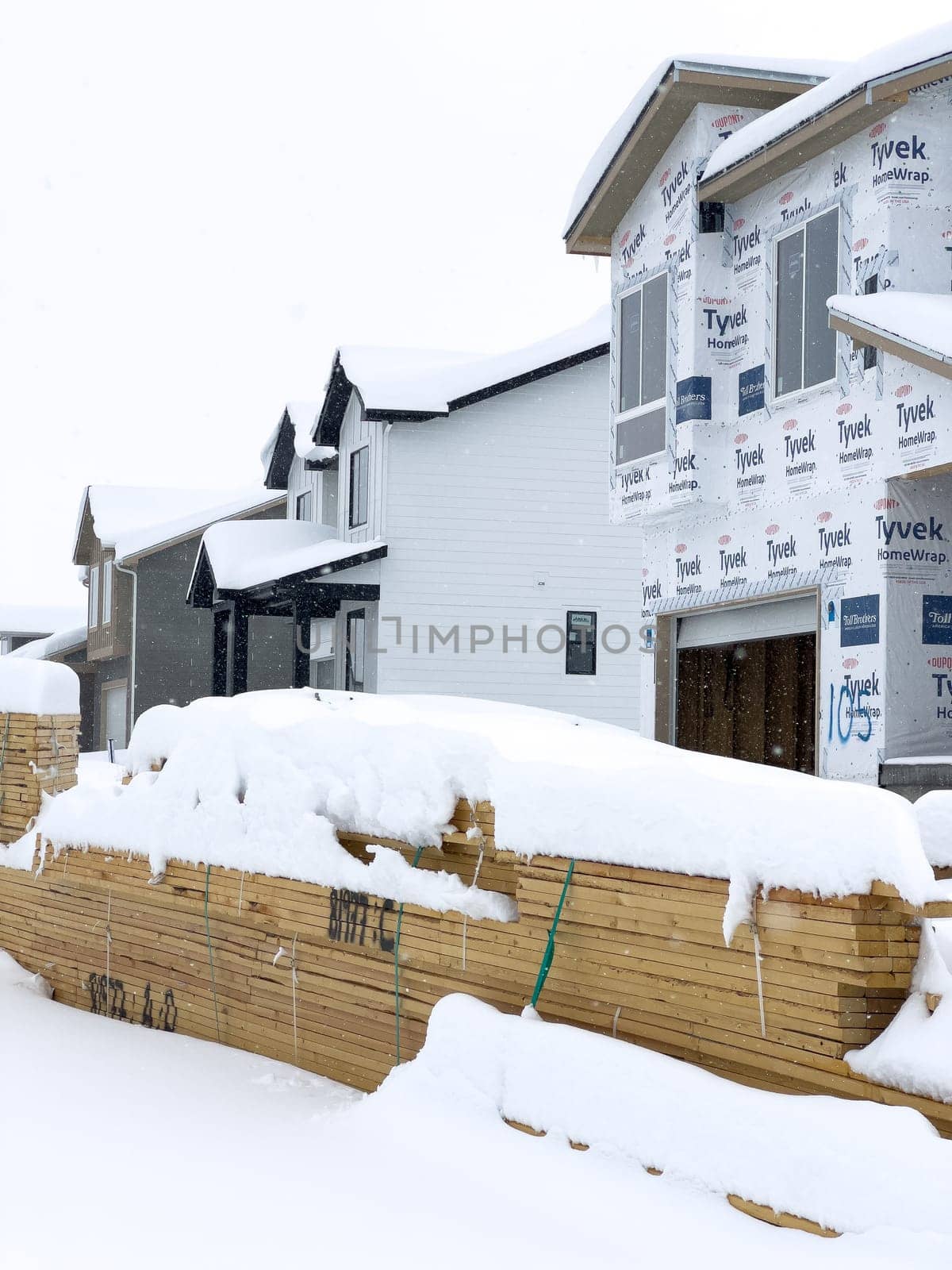 Castle Rock, Colorado, USA-March 16, 2024-Fresh snowfall gently covers a new suburban neighborhood under construction, where the emerging structures await completion, nestled in a wintery setting.