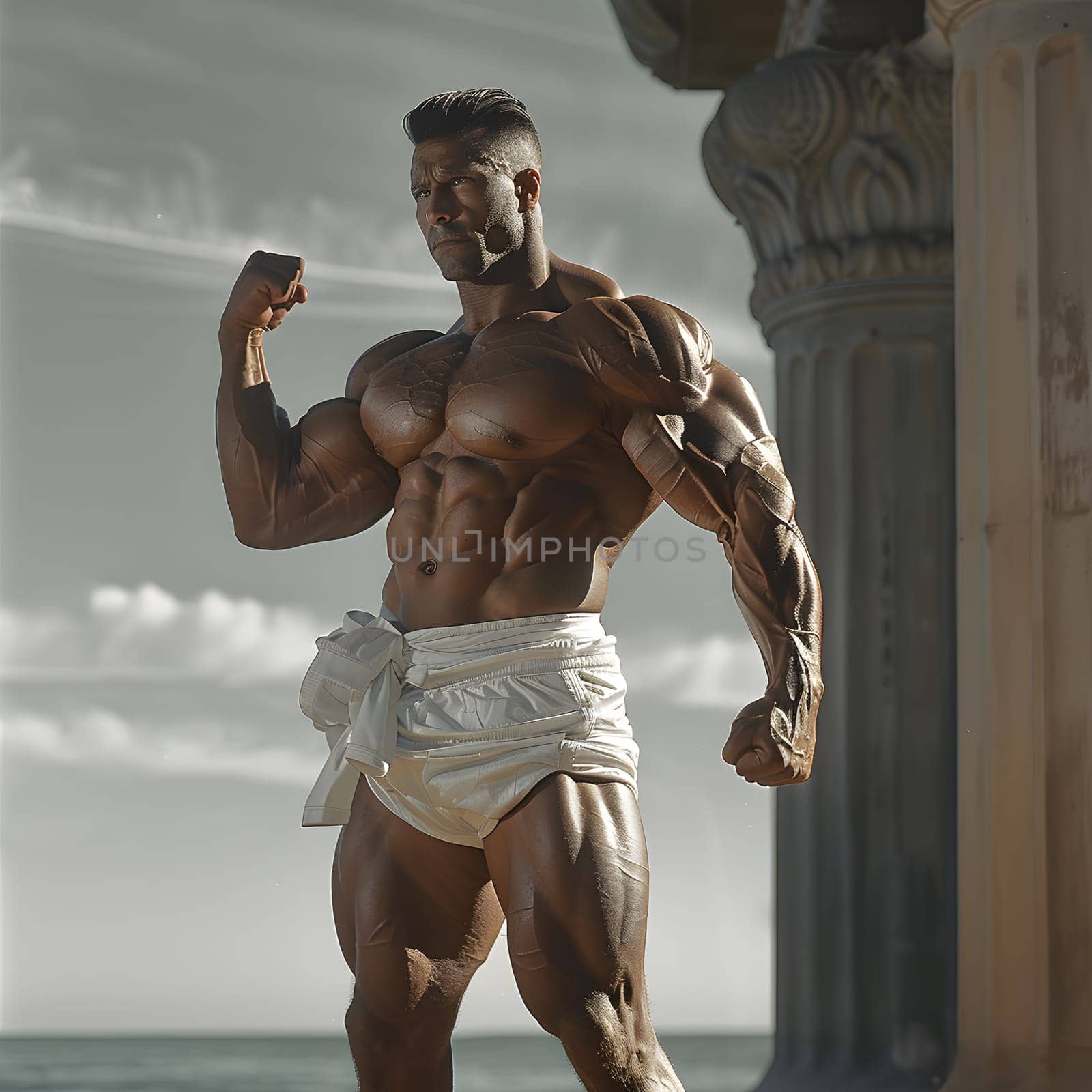 A bodybuilder in white shorts is showcasing his muscular physique next to a pillar, flexing his chest, thighs, and waist under a cloudy sky. His body is a work of art, like a sculpted trunk