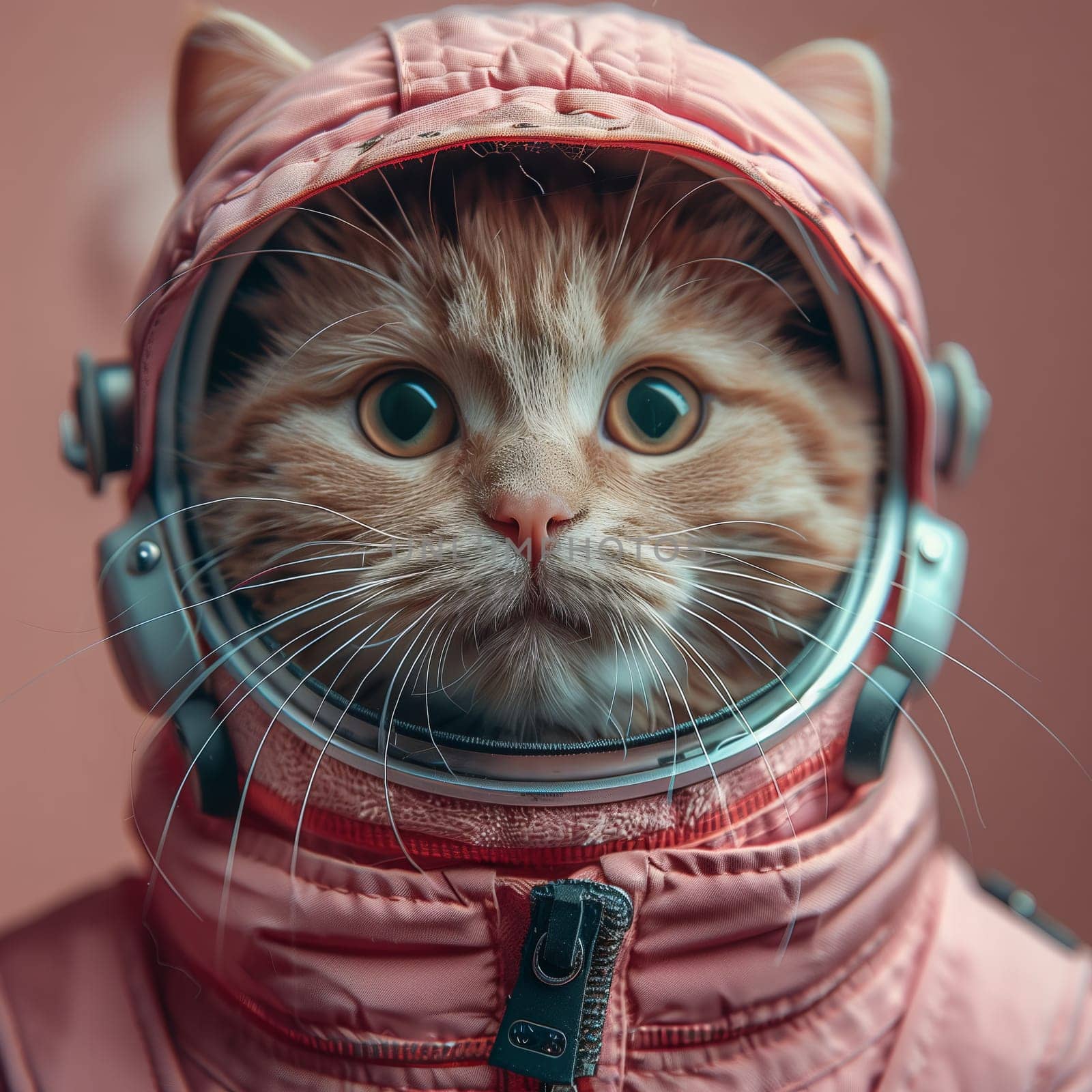 A Felidae wearing a pink space suit and helmet, showcasing its whiskers, snout, and fur. The outfit acts as both a fashion accessory and personal protective equipment, with added eyewear