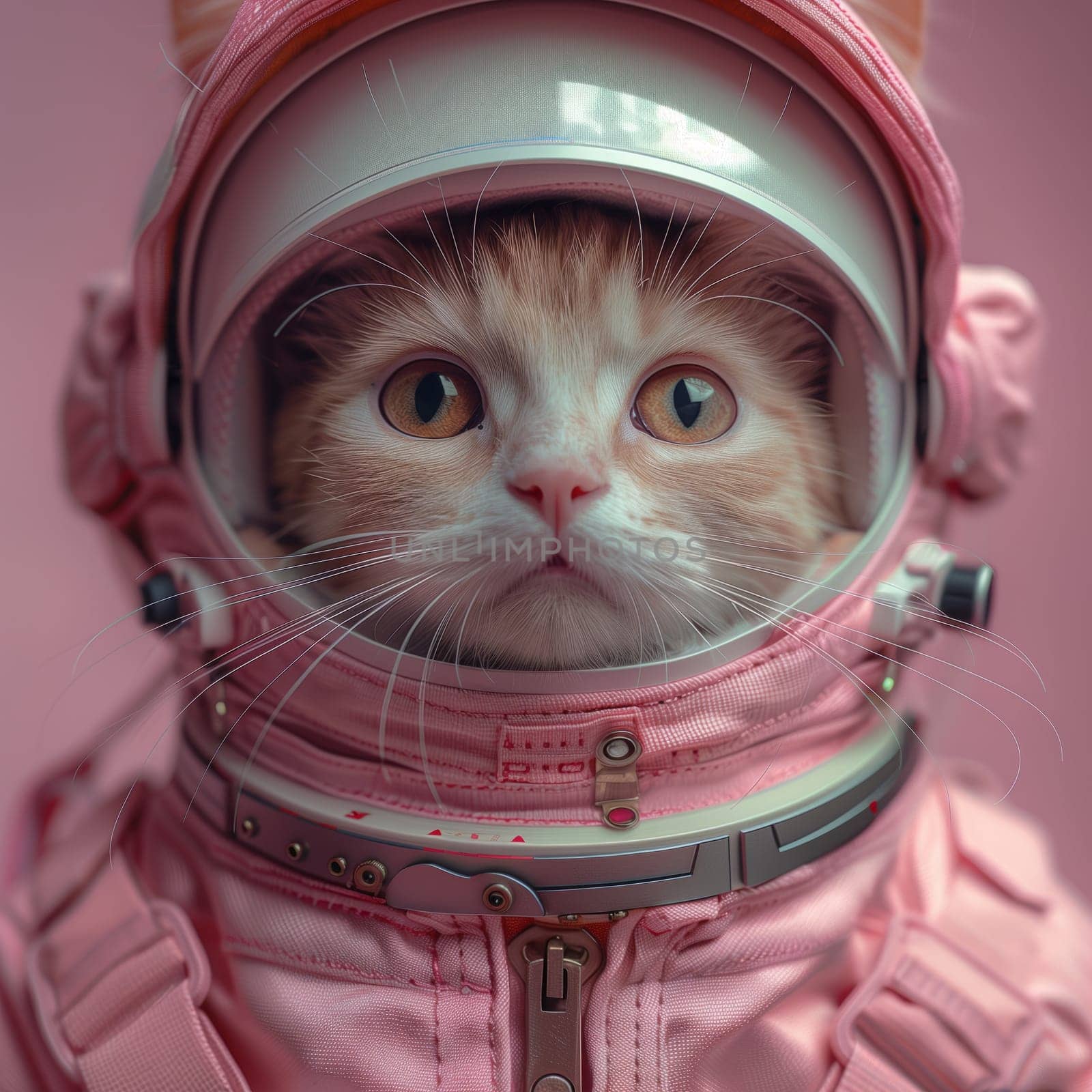 A Felidae, with whiskers, pink eye iris, and snout, is wearing a pink space suit and helmet with sleeve for protection