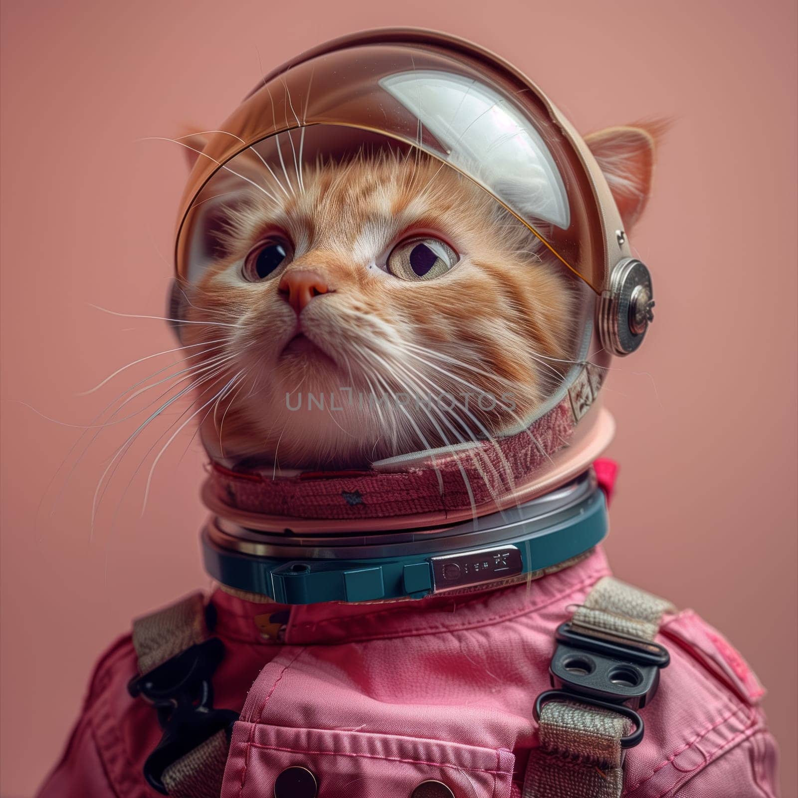A Felidae carnivore, the cat is dressed in a pink space suit and helmet, exhibiting its whiskers and fur. This small to mediumsized feline looks adorable in its space attire