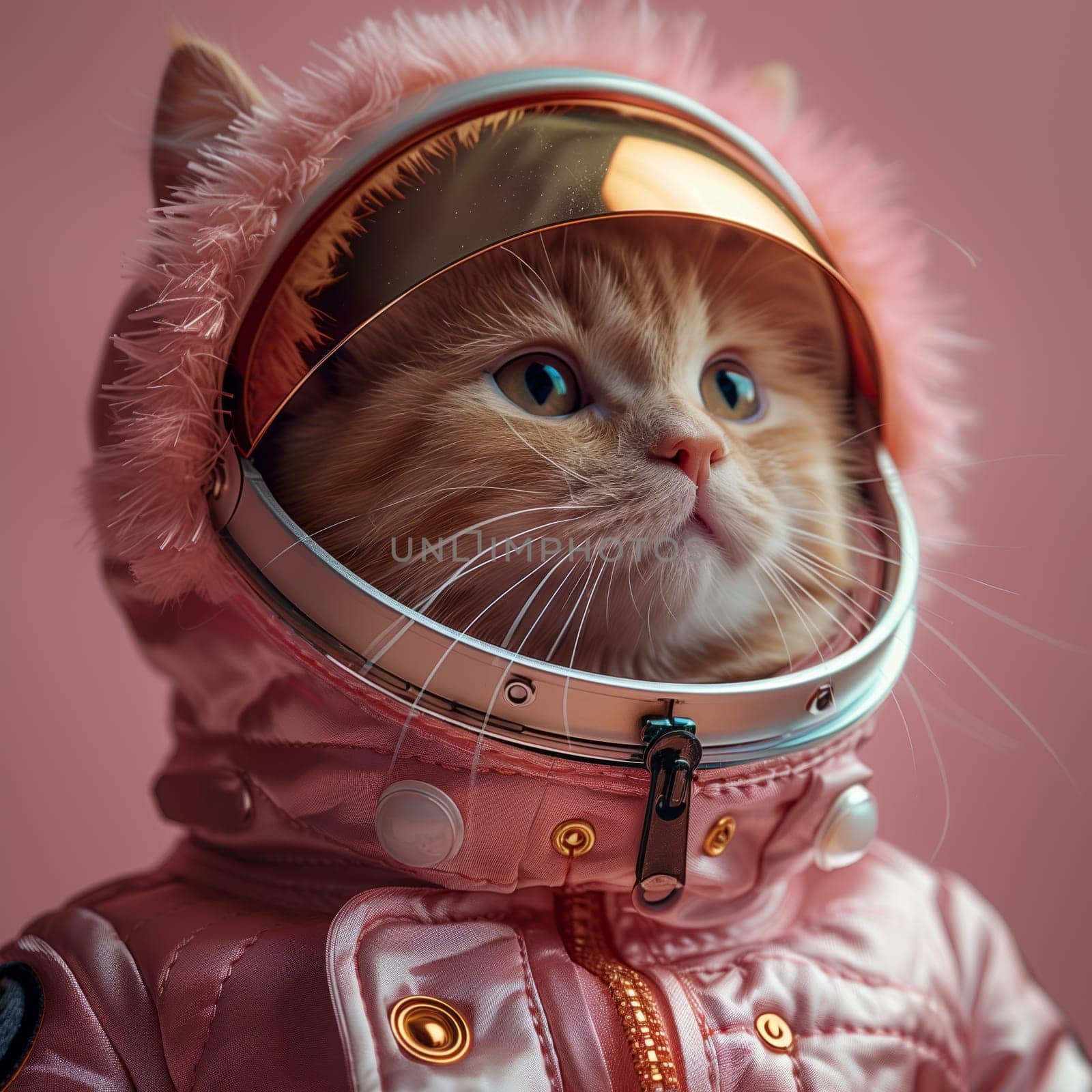 A Felidae member dressed in a pink space suit and helmet, showcasing its whiskers and fur. The collar serves as a stylish fashion accessory for this small to mediumsized carnivore