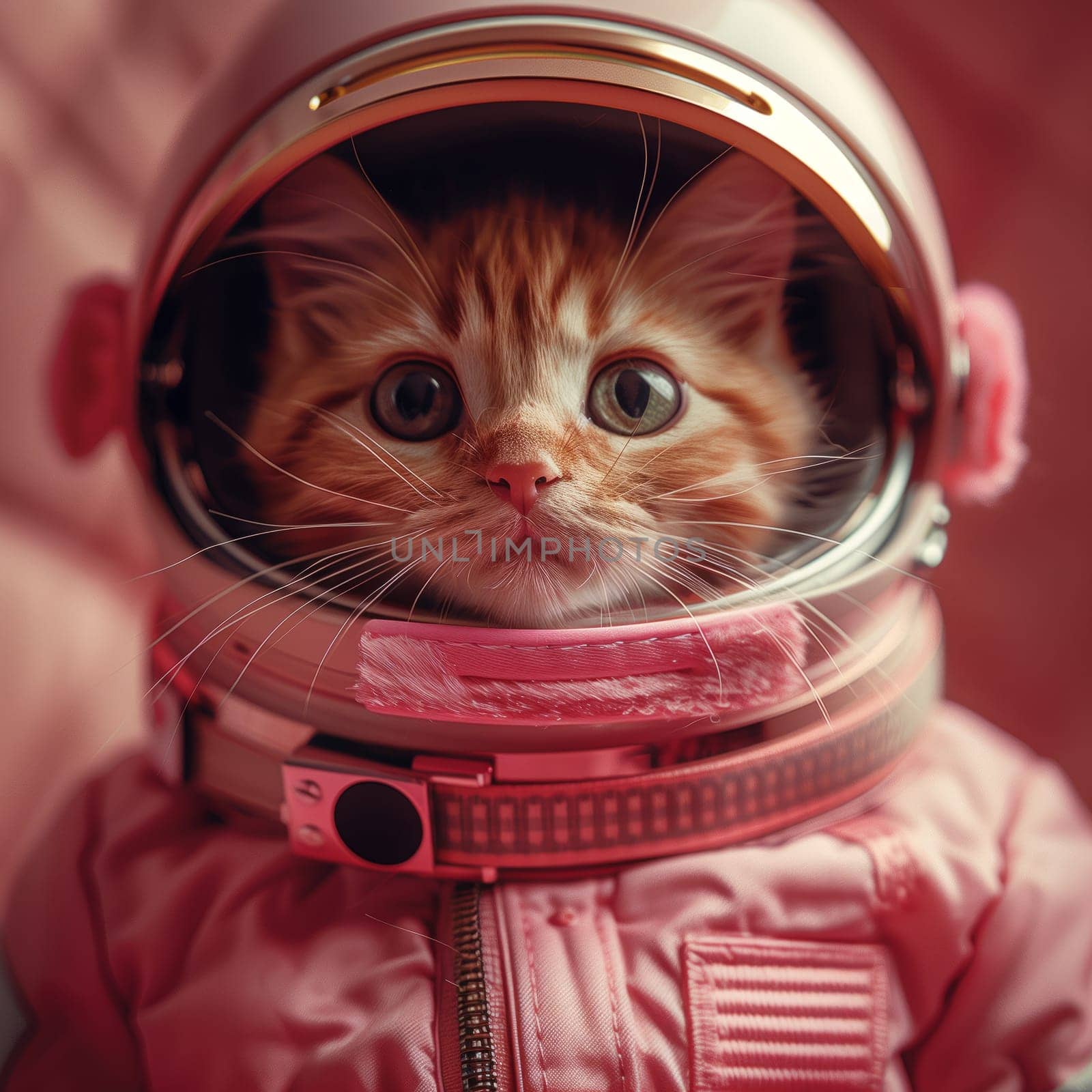 A young Felidae with fluffy pink hair, tiny hand, and big curious eyes is dressed in a cute pink space suit and helmet, ready for an outofthisworld adventure