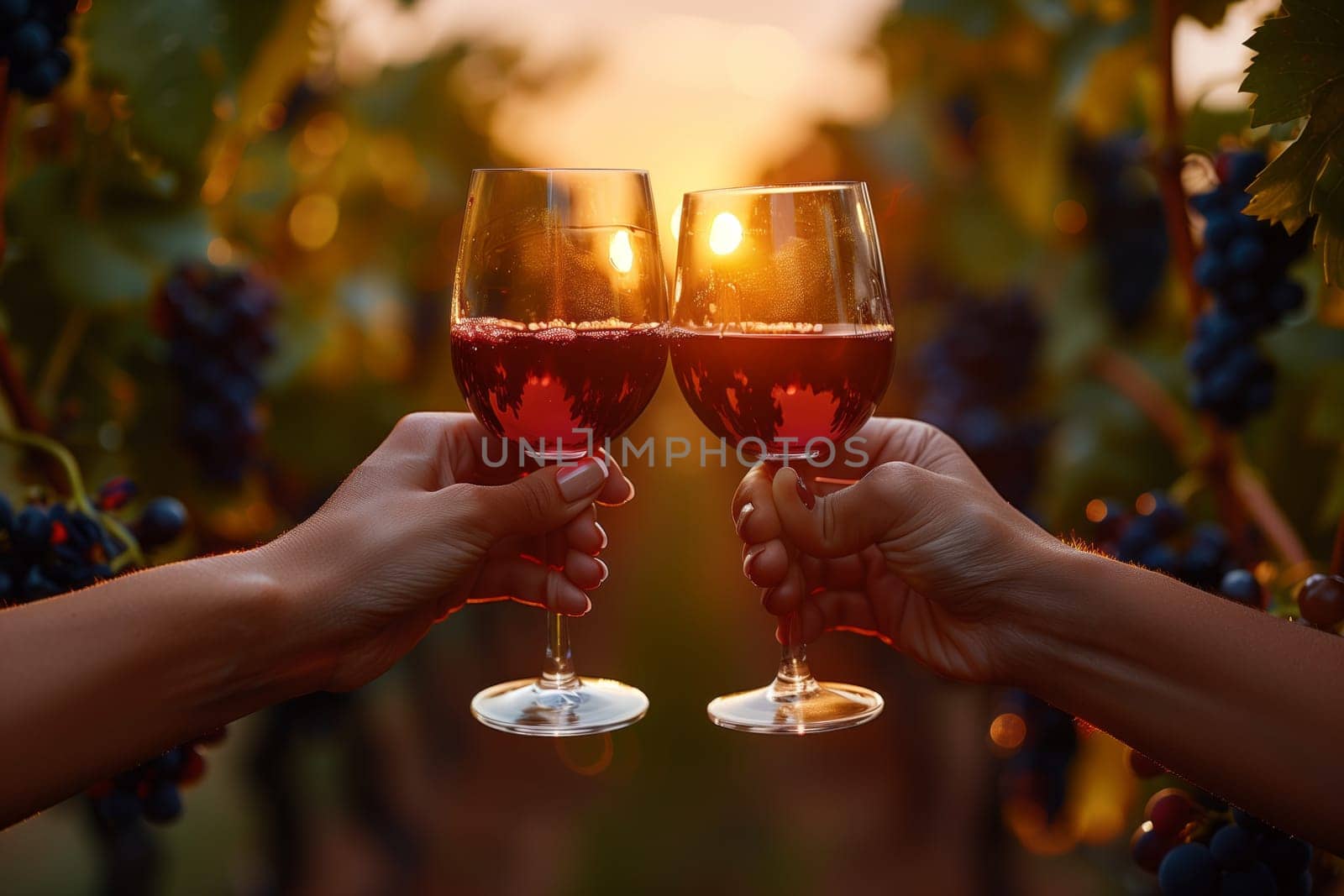 Two people making a toast with wine glasses in a vineyard by richwolf