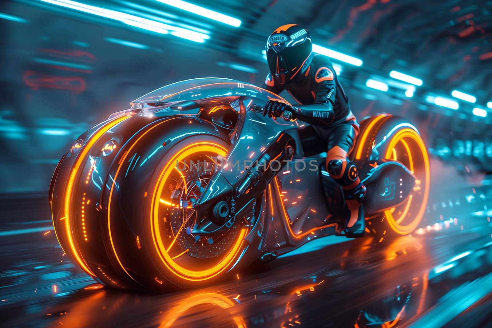 The man is riding a motorcycle with neon lights on the wheels, creating a futuristic and stylish look for the vehicle