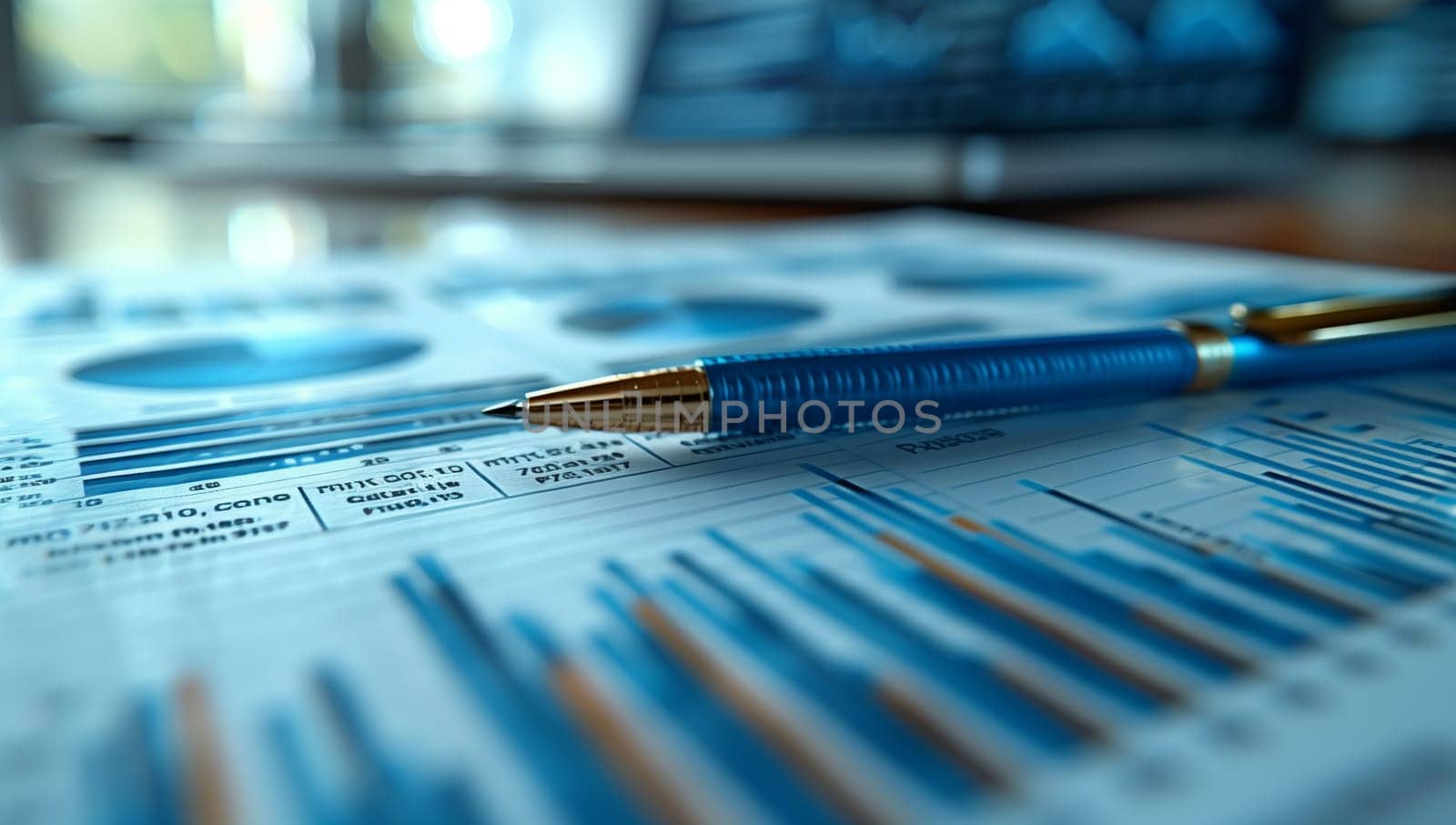 A writing implement in electric blue is resting on a sheet of paper with graphs. The office supplies contrast with the aqua background of Azure