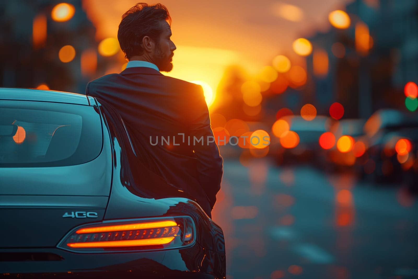 A man in a suit is admiring the sunset from the back of a car by richwolf