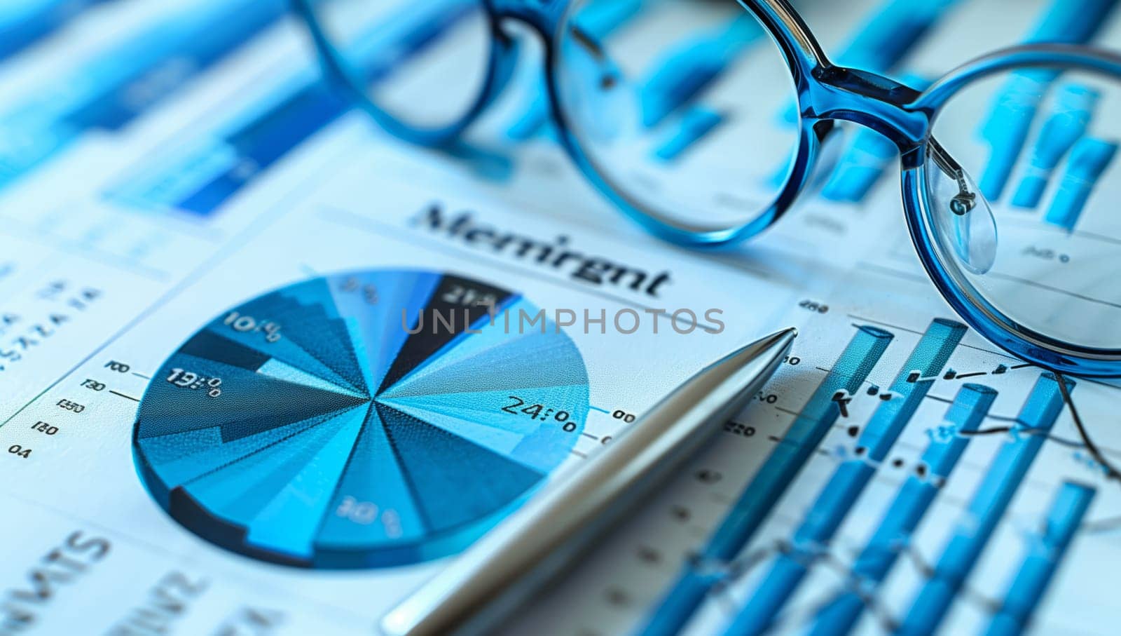 A pair of Azure glasses and a Electric blue pen are placed on top of a circular Aqua pie chart, surrounded by Office supplies and a Water pattern