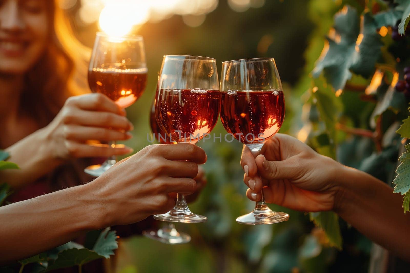 A group of individuals is making a celebratory gesture with wine glasses at a vineyard, enjoying alcoholic beverages in elegant stemware