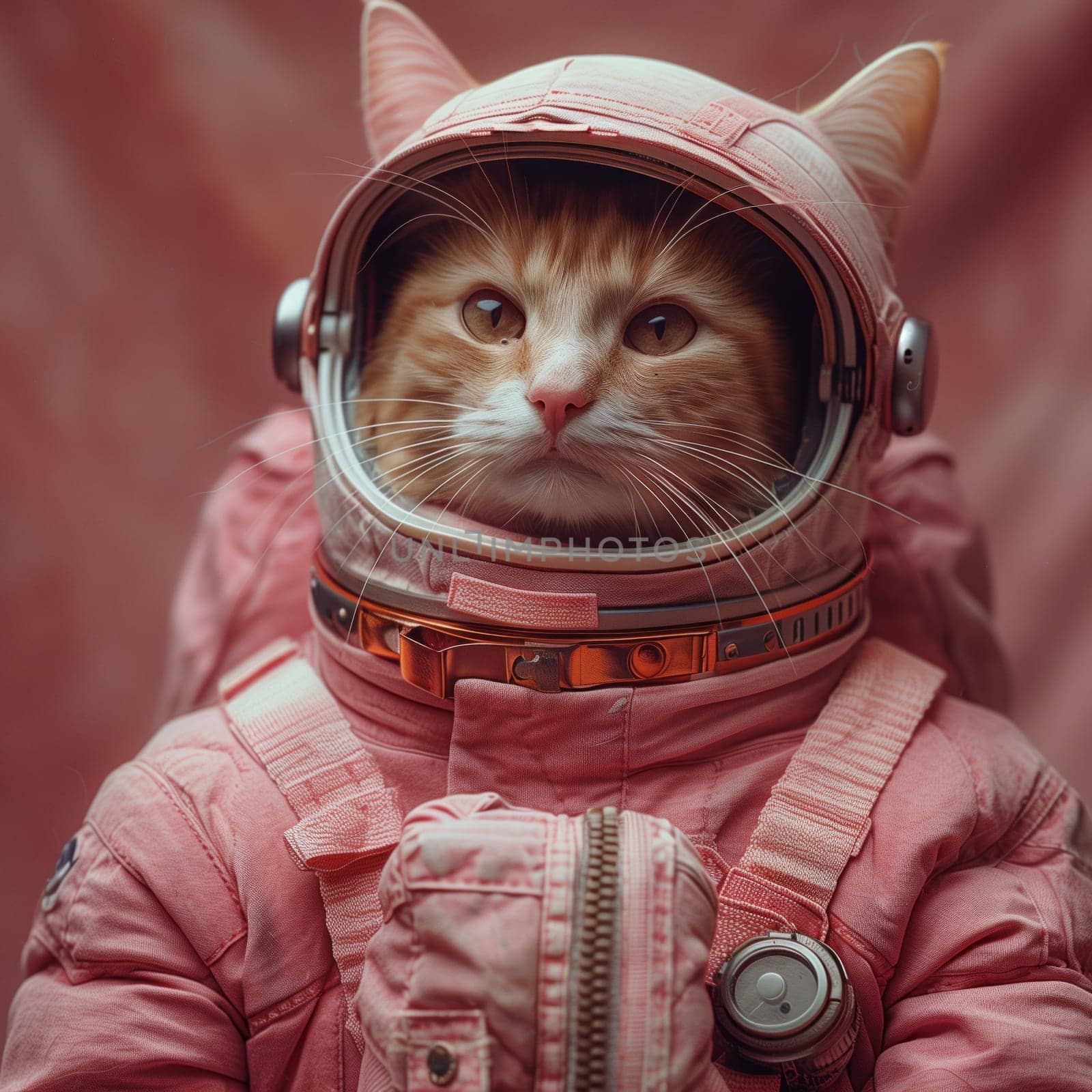 A Felidae wearing a pink space suit and helmet, showcasing its whiskers and collar. The small to mediumsized carnivore looks adorable in the electric blue headgear, ready for a selfie