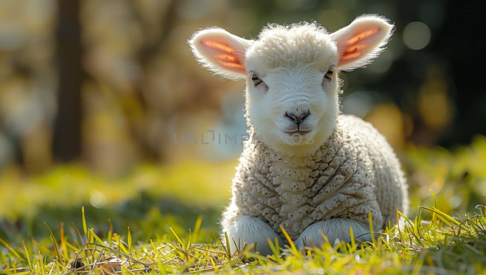 A young sheep is resting on the grass, its eyes fixed on the camera. This terrestrial animal blends in with the green meadow, showcasing its snout and fluffy coat