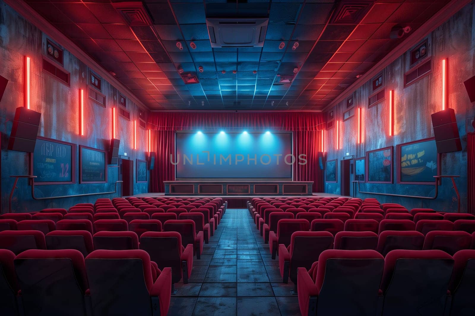 An empty movie theater with magenta chairs, an electric blue stage, and symmetrical red fixtures. The room is filled with darkness, waiting for an entertainment event to begin