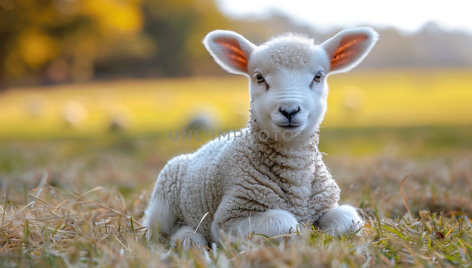 A lamb is peacefully resting in the grassy natural landscape, gazing at the camera with its adorable snout. This terrestrial animal shows perfect adaptation to the grassland environment