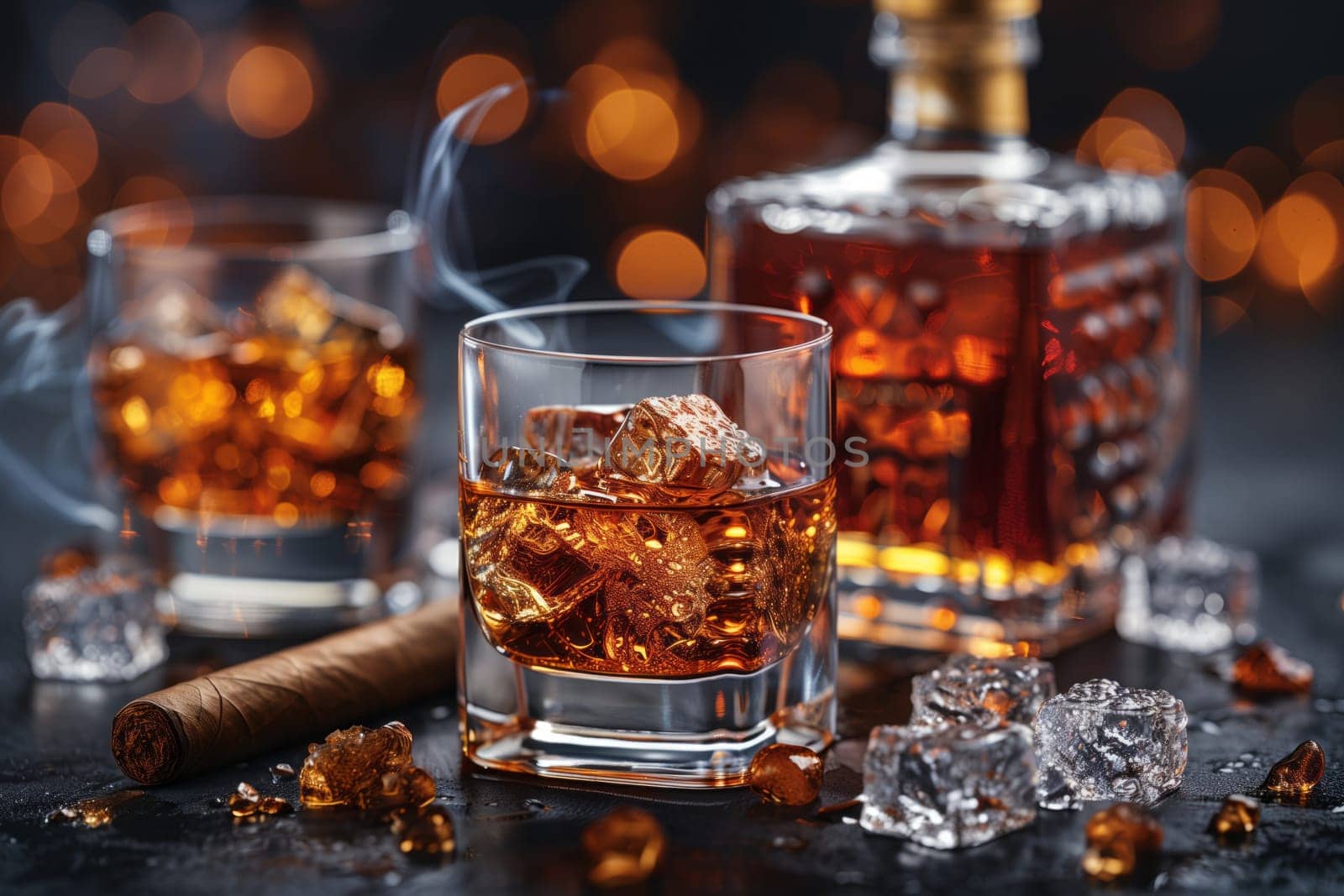 A bottle of whiskey and two glasses filled with whiskey and ice a perfect setup for a sharing event in a building where guests can enjoy the fluid in their drinkware