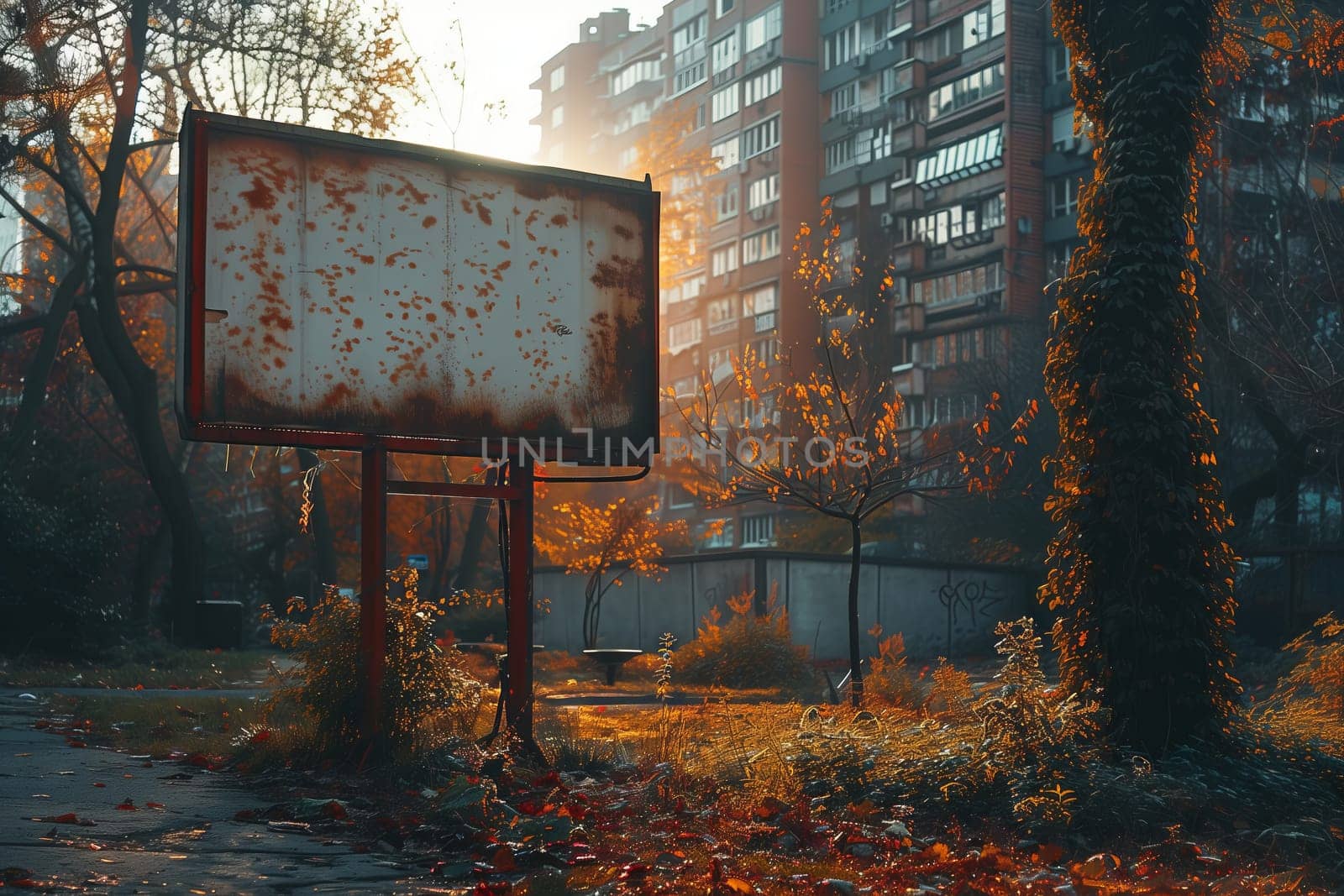 A rusty billboard stands in front of a building in the middle of a park. Surrounding it are trees, plants, twigs, grass, and a natural landscape with a wooden trunk