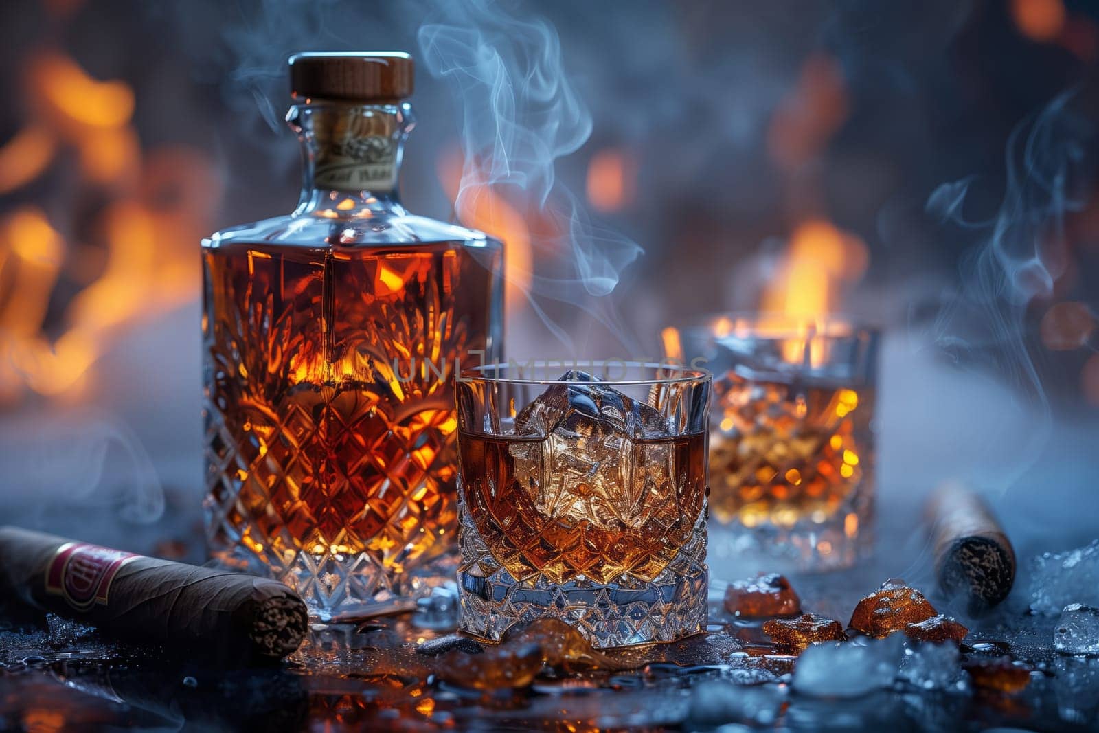A bottle of whiskey and two glasses filled with whiskey and ice a perfect setup for a sharing event in a building where guests can enjoy the fluid in their drinkware