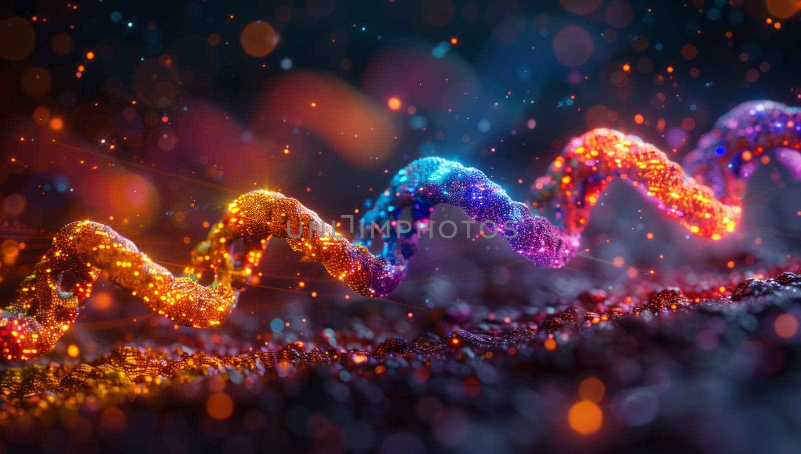 An electric blue and magenta computergenerated image of a colorful worm on a dark underwater landscape. The liquid atmosphere gives an eerie, yet mesmerizing feel to the scene