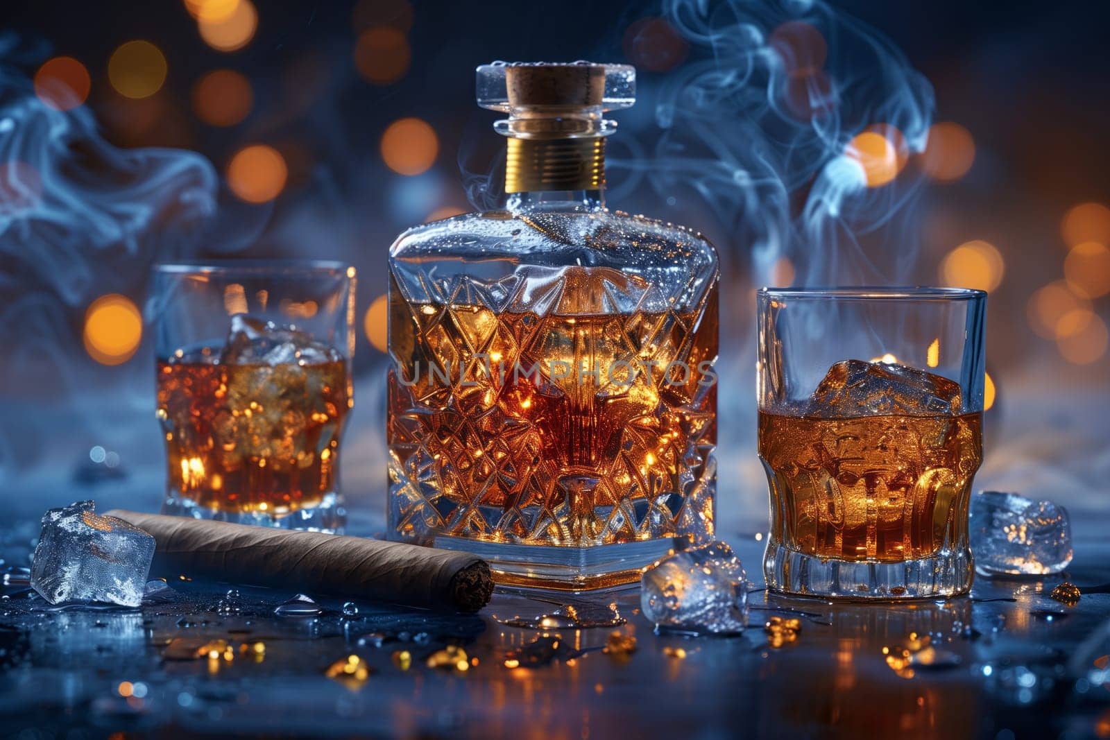 A bottle of whiskey and two glasses filled with whiskey and ice a perfect setup for a sharing event in a building where guests can enjoy the fluid in their drinkware