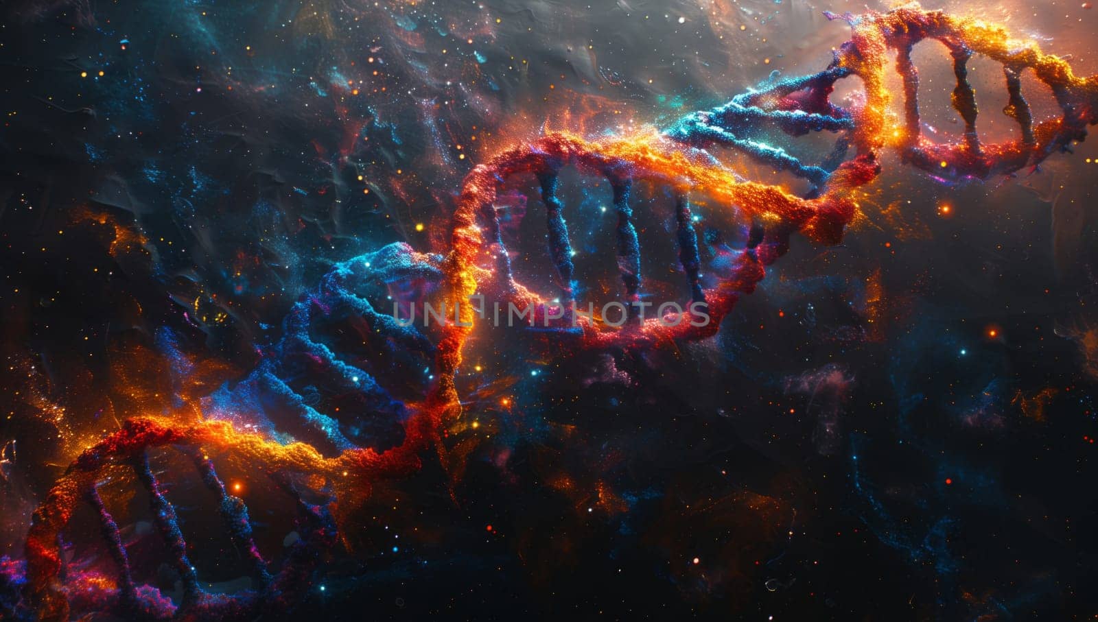 An electric blue computer generated image of a DNA strand floating in the darkness of space, surrounded by the gas and stars of a galaxy