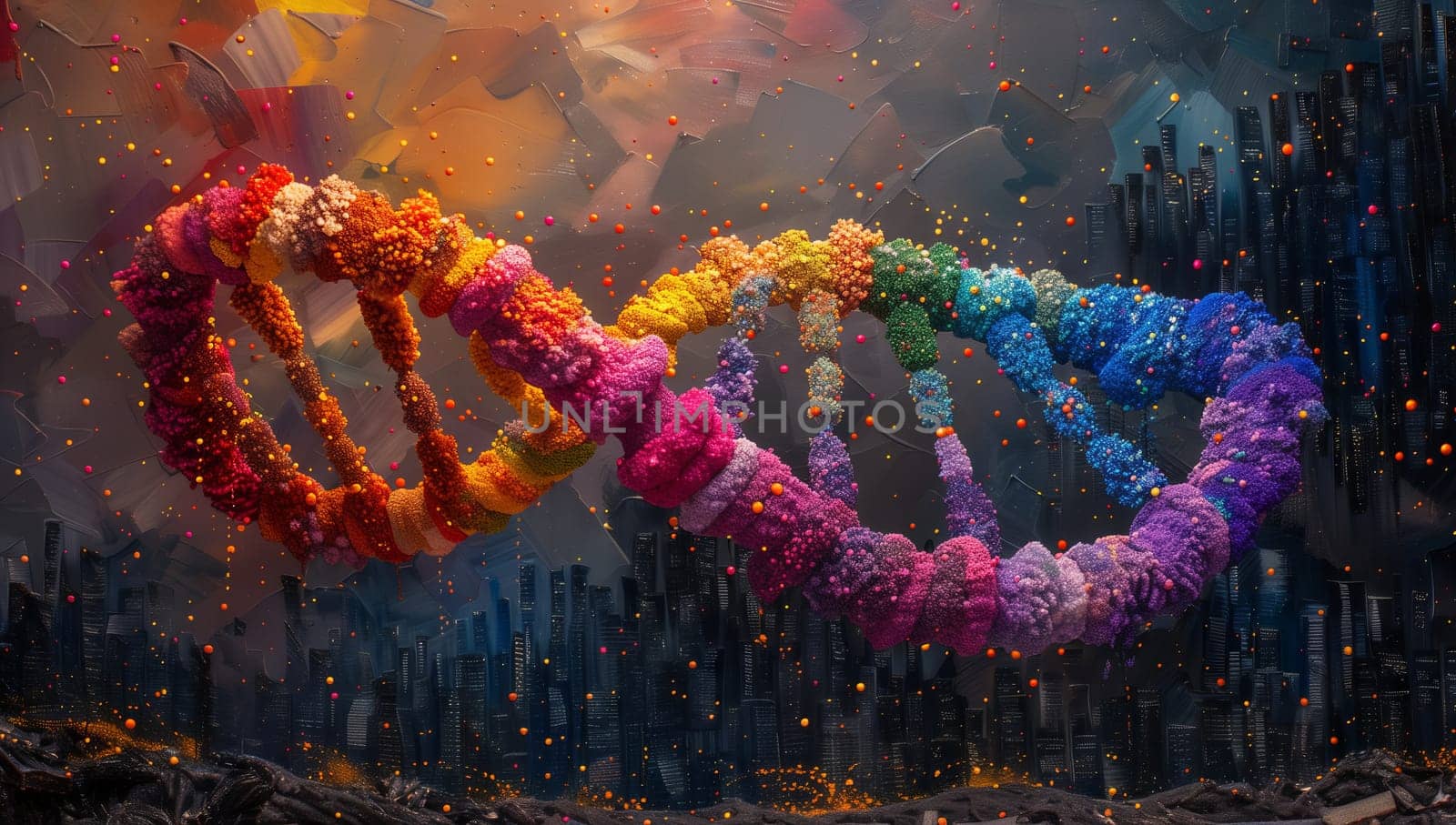 A colorful DNA molecule artwork with a crowd backdrop in magenta hues by richwolf