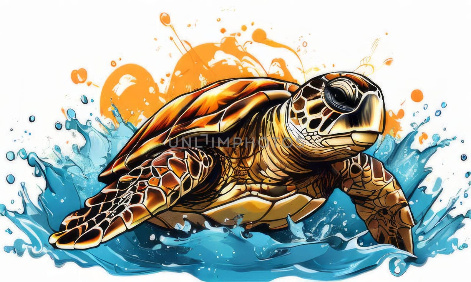 Serene turtle gracefully gliding through shimmering ocean waters, illuminated by warm hues of breathtaking sunset. For fashion, clothing design, animal themed clothing advertising, Tshirt, postcard