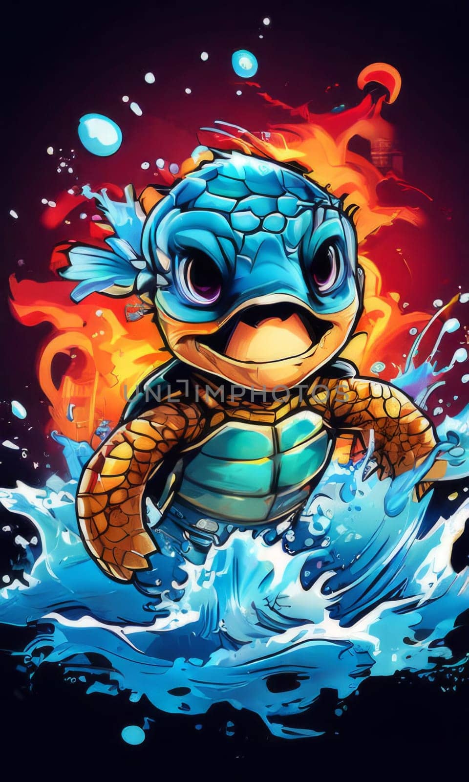 Serene turtle gracefully gliding through shimmering ocean waters, illuminated by warm hues of breathtaking sunset. For fashion, clothing design, animal themed clothing advertising, Tshirt, postcard. by Angelsmoon