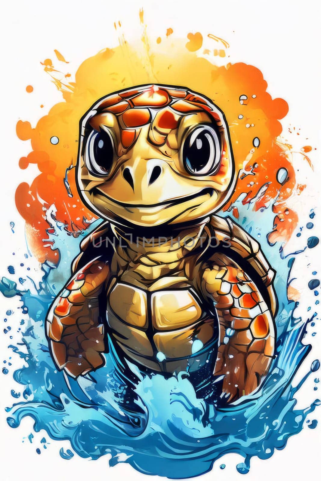 Serene turtle gracefully gliding through shimmering ocean waters, illuminated by warm hues of breathtaking sunset. For fashion, clothing design, animal themed clothing advertising, Tshirt, postcard