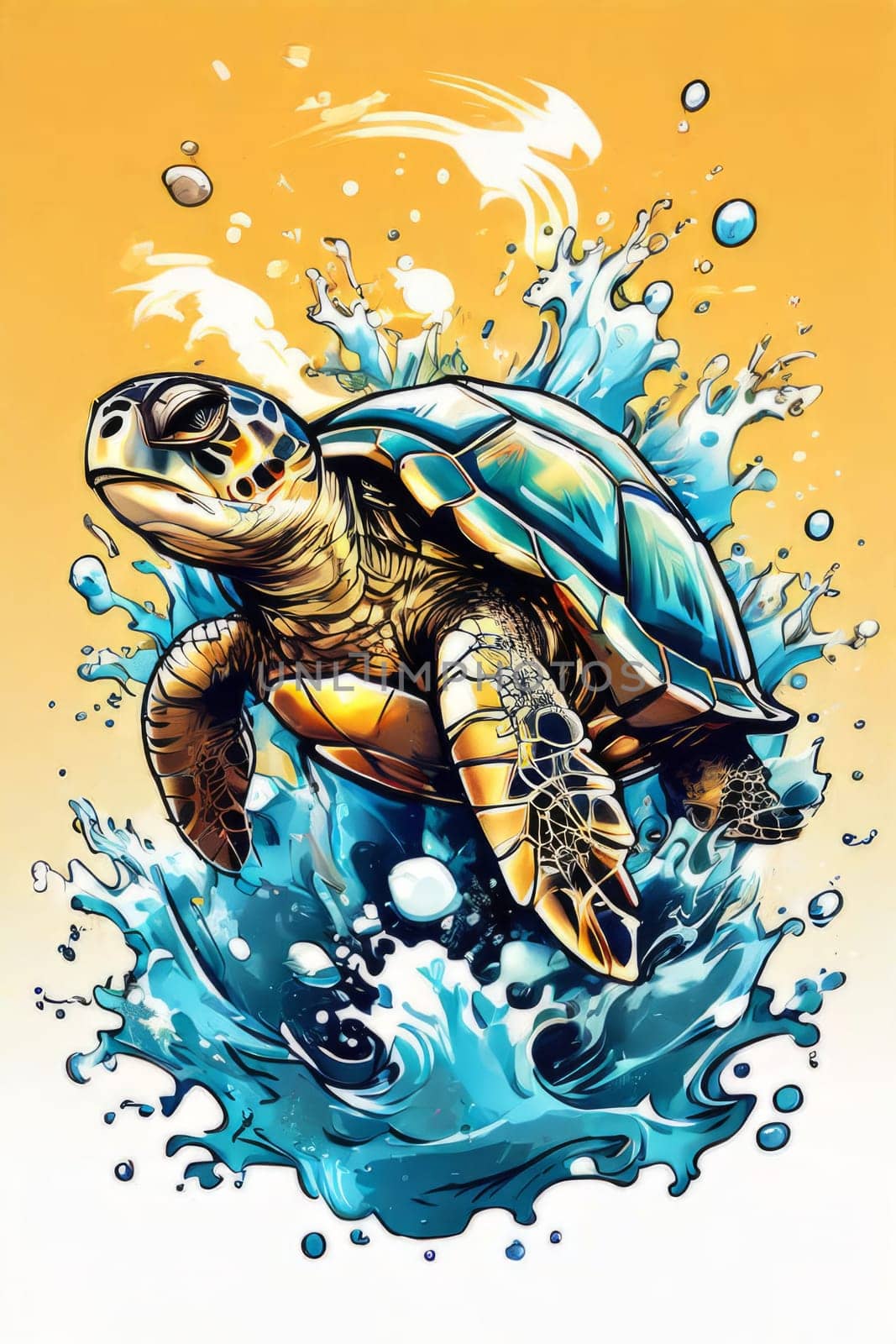 Serene turtle gracefully gliding through shimmering ocean waters, illuminated by warm hues of breathtaking sunset. For fashion, clothing design, animal themed clothing advertising, Tshirt, postcard