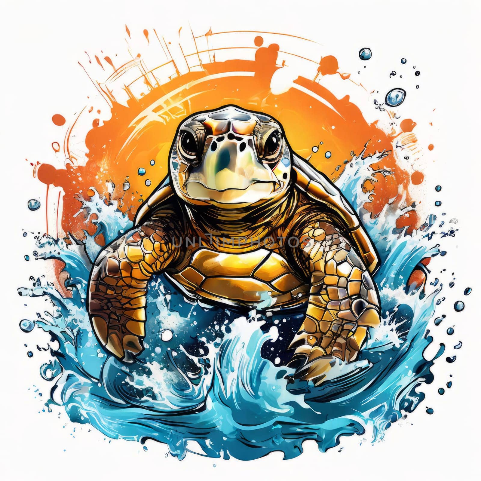 Serene turtle gracefully gliding through shimmering ocean waters, illuminated by warm hues of breathtaking sunset. For fashion, clothing design, animal themed clothing advertising, Tshirt, postcard. by Angelsmoon